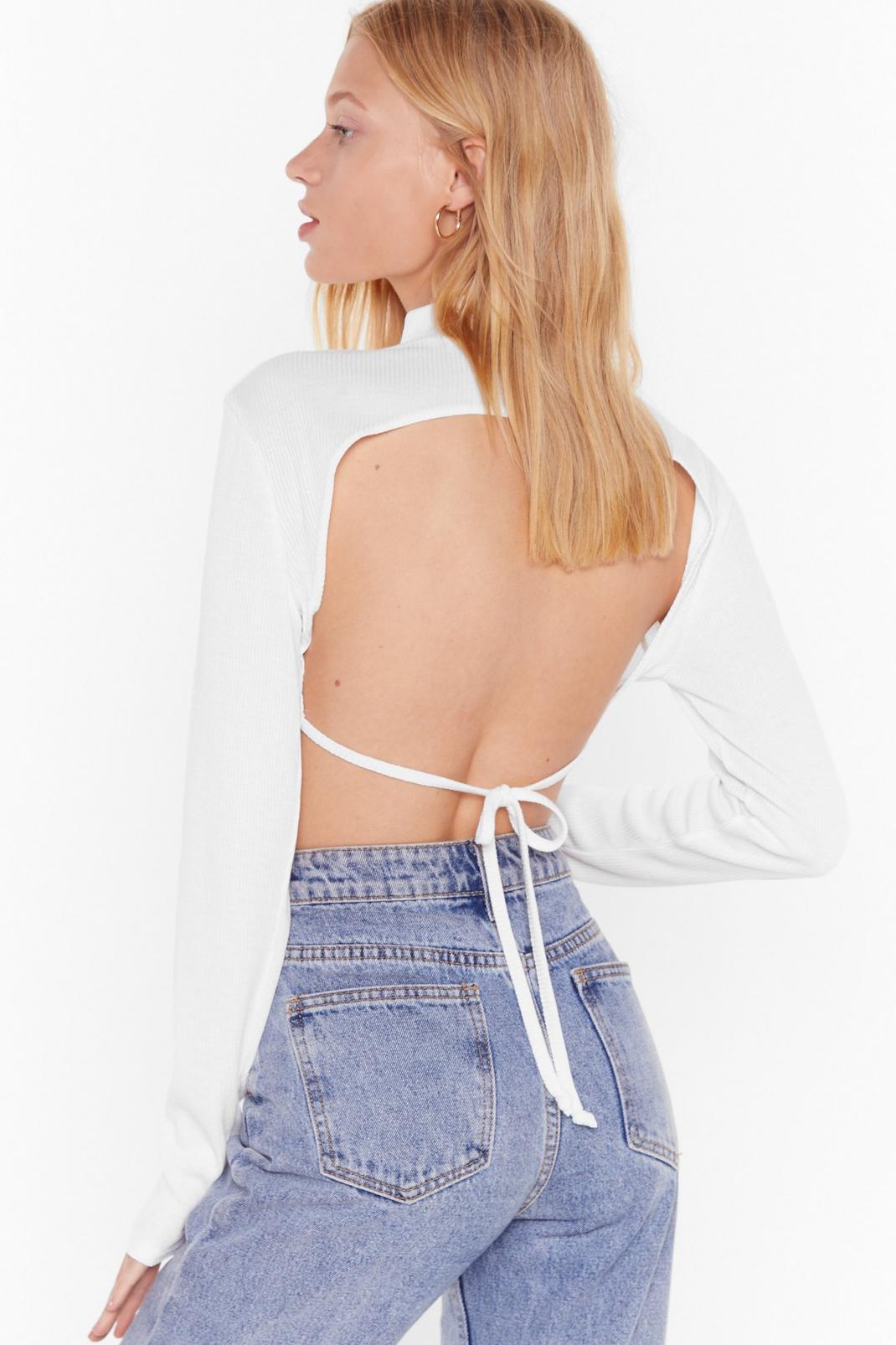Cream Ribbed High Neck Backless Crop Top image number 1