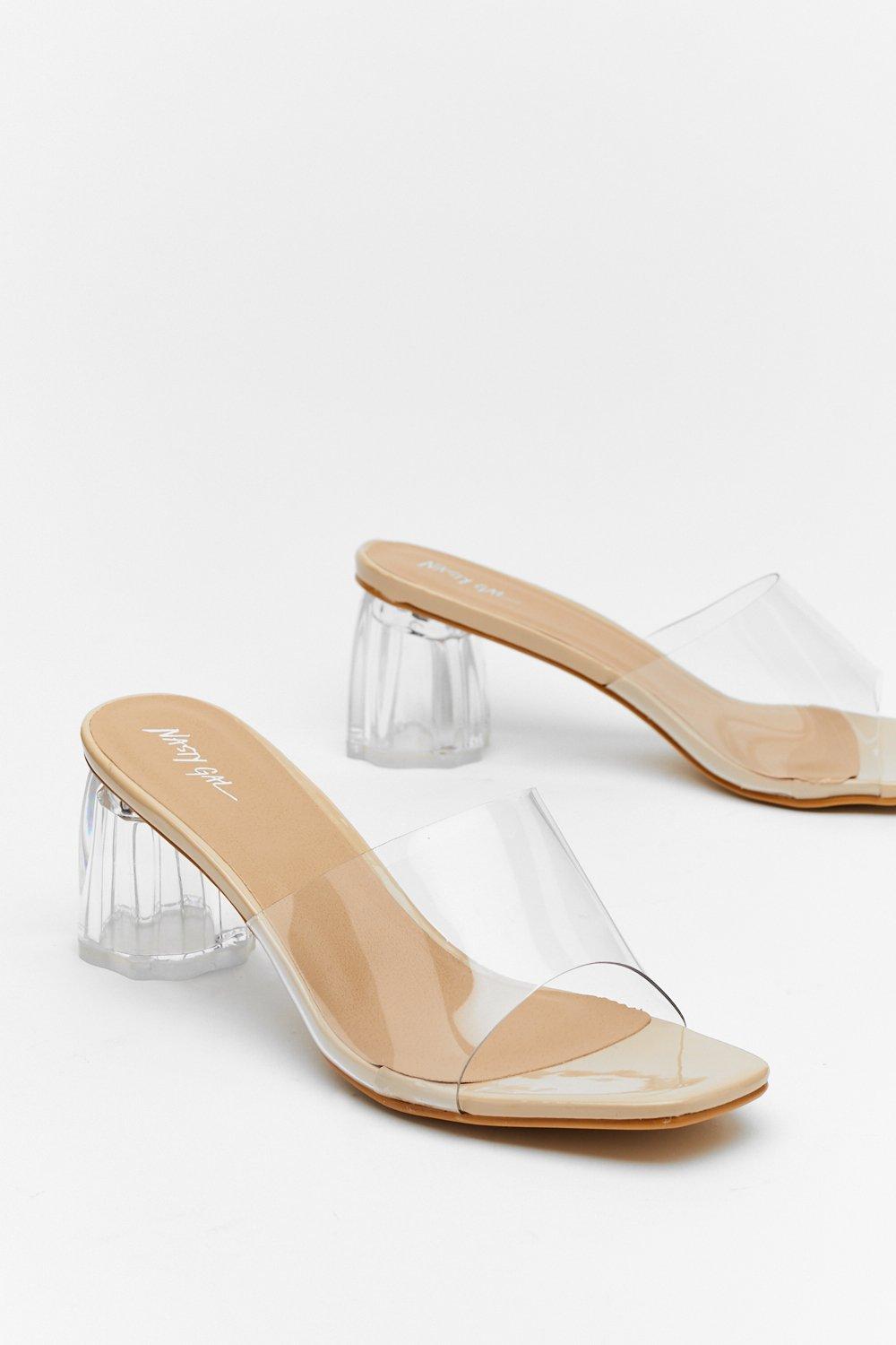 Clear chunky store heel mules