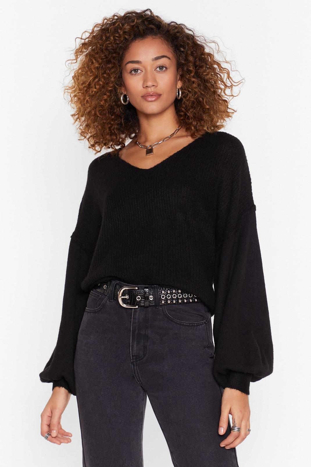 Black Balloon Sleeve Knitted Sweater image number 1