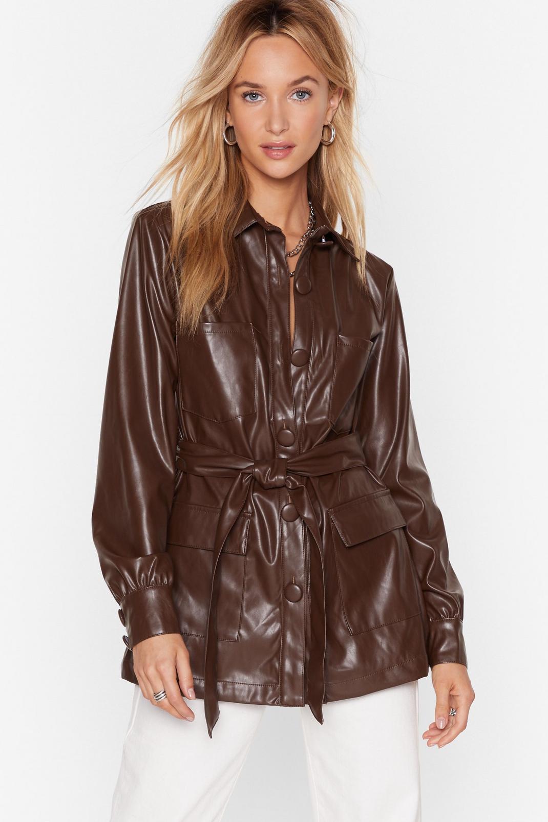 Chocolate Faux Leather Belted Longline Jacket image number 1