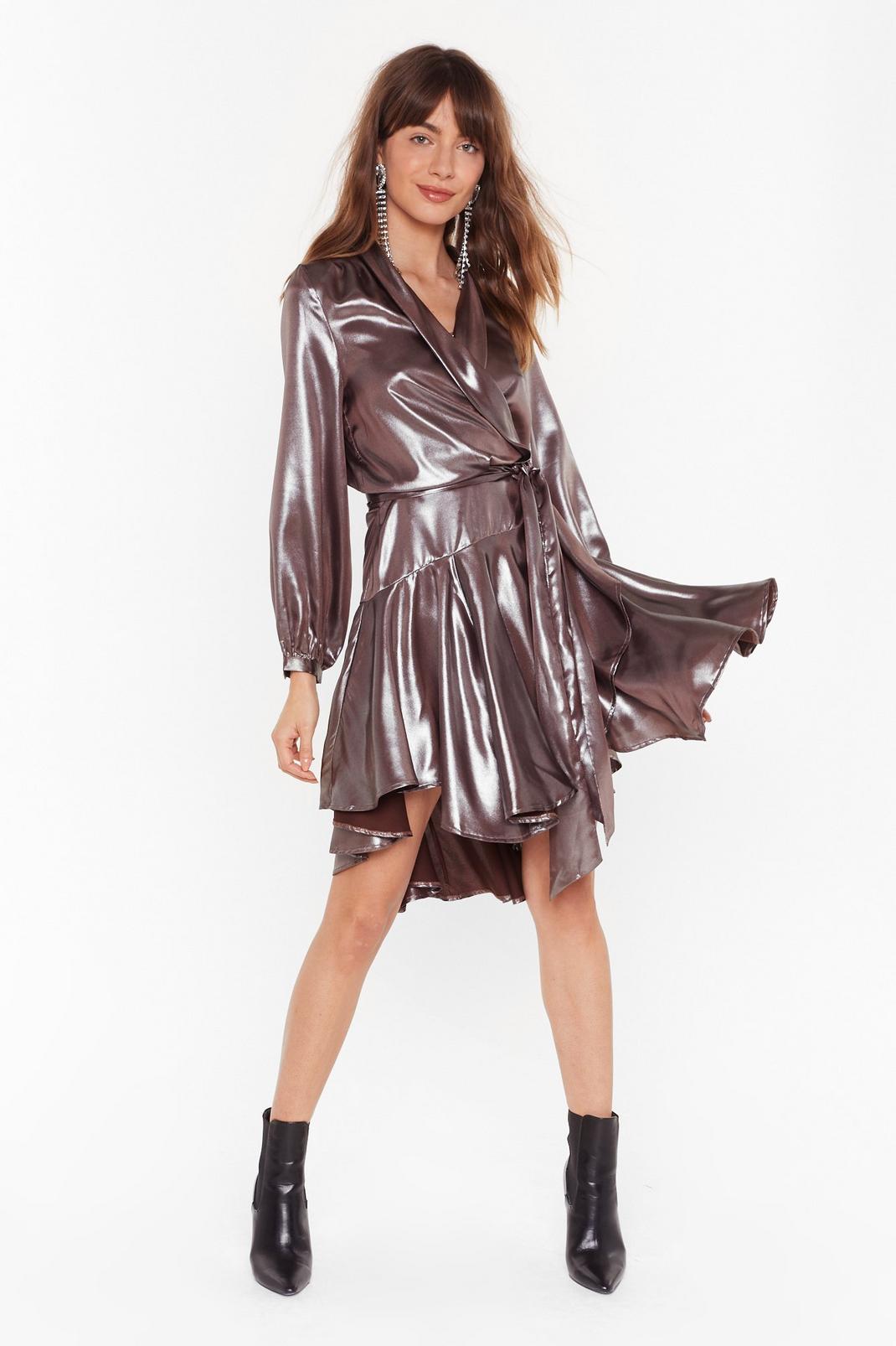 Silver Metallic Long Sleeve Belted Wrap Dress image number 1