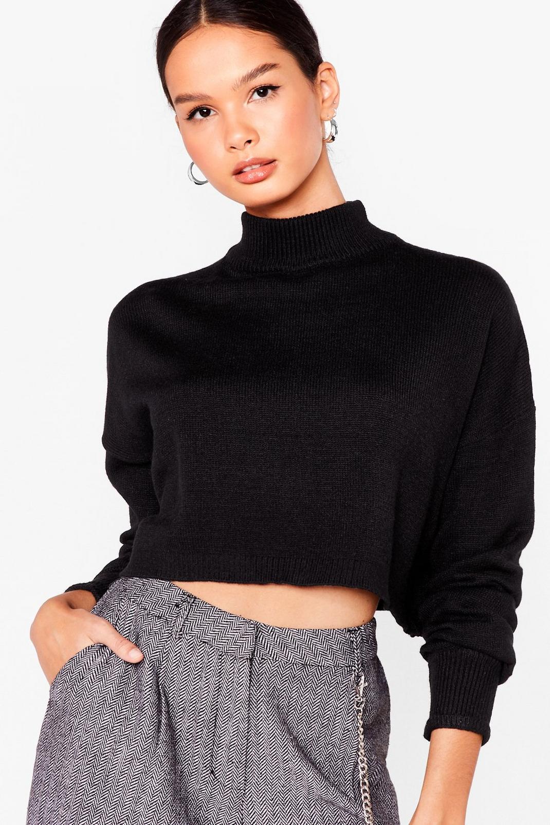 Black Cropped High Neck Knit Sweater image number 1