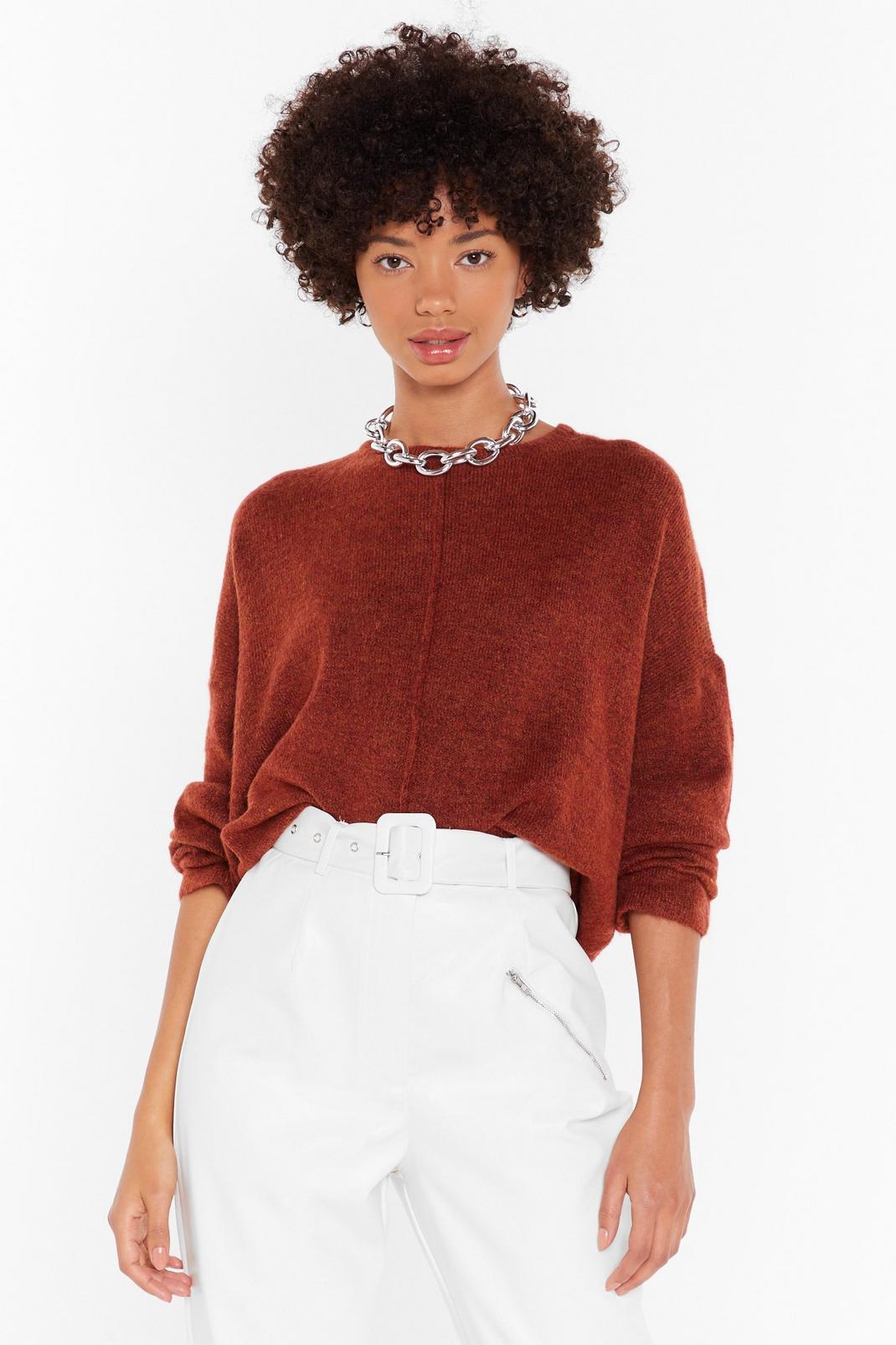 Rust Knitted Round Neck Oversized Sweater image number 1
