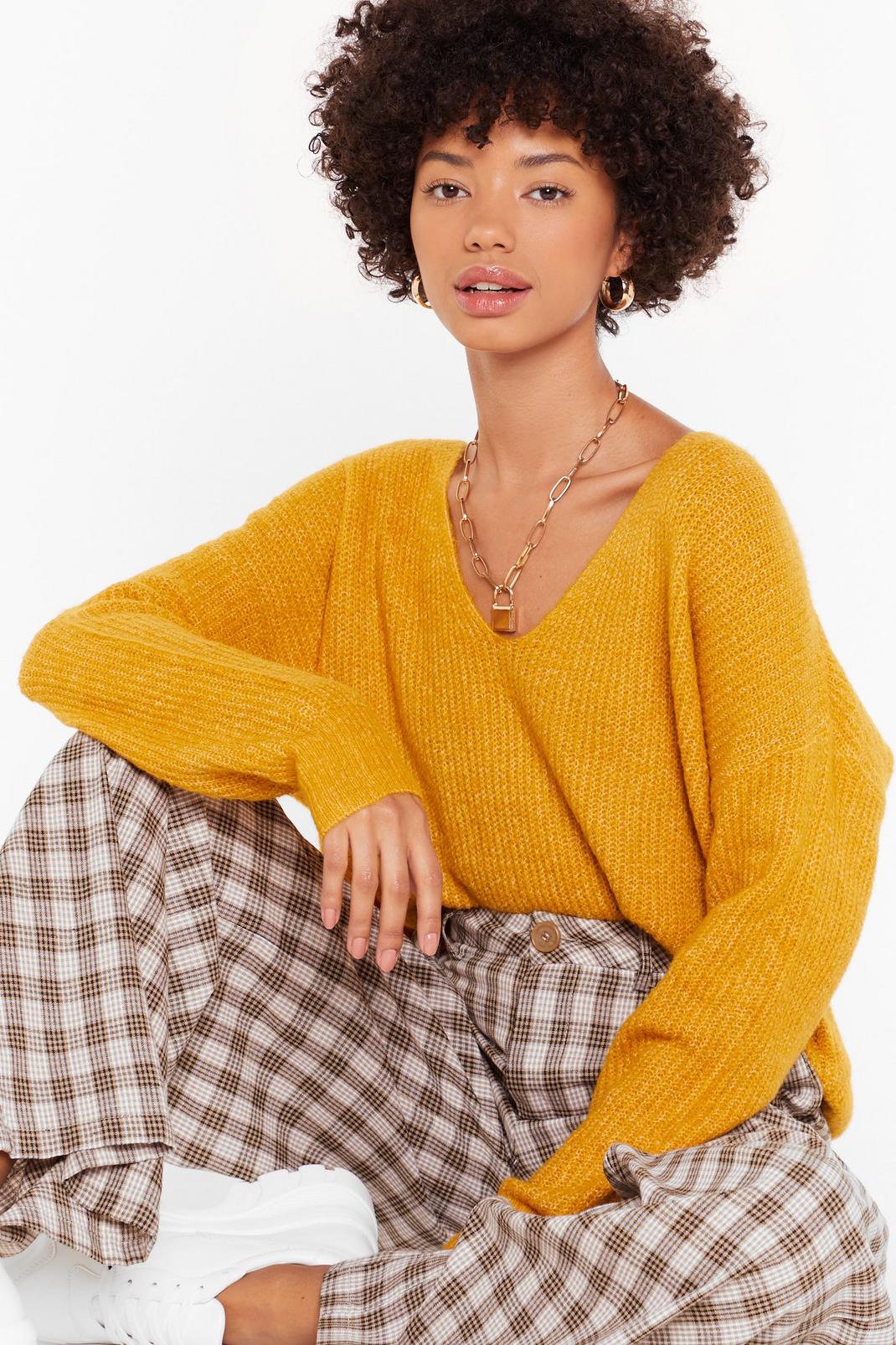 Yellow Knitted V Neck Oversized Sweater image number 1