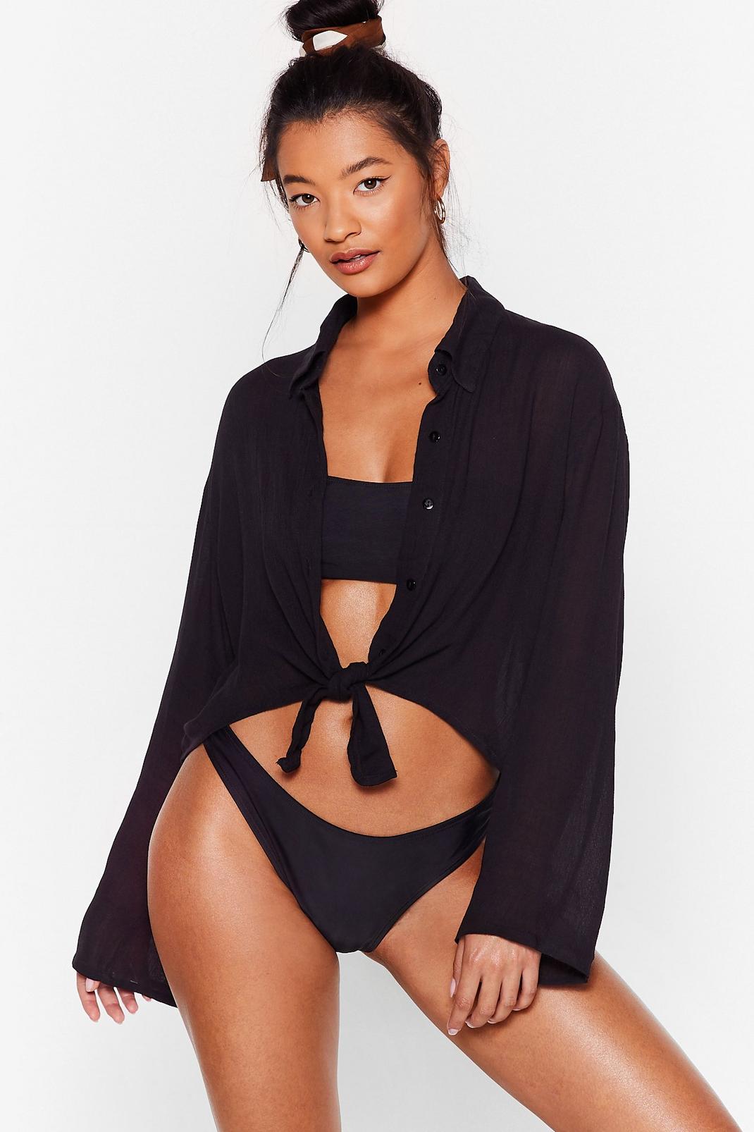 Black Crinkle Cropped Beach Cover Up Shirt image number 1