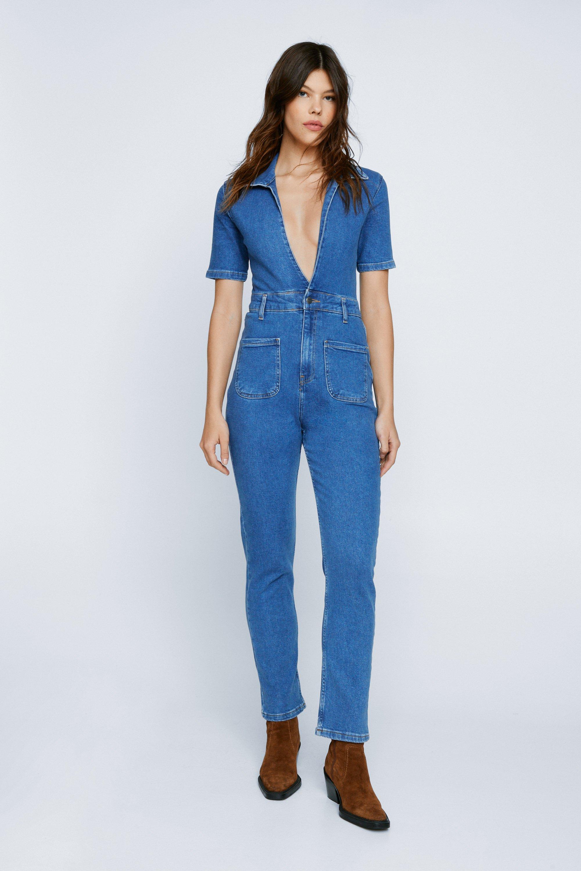 plunging denim jumpsuit