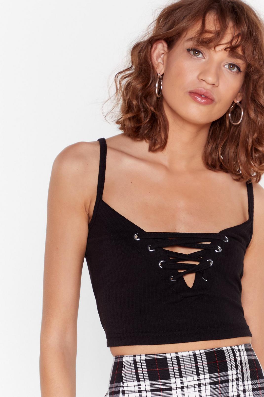Don't Call Me Lace-Up Ribbed Crop Top image number 1