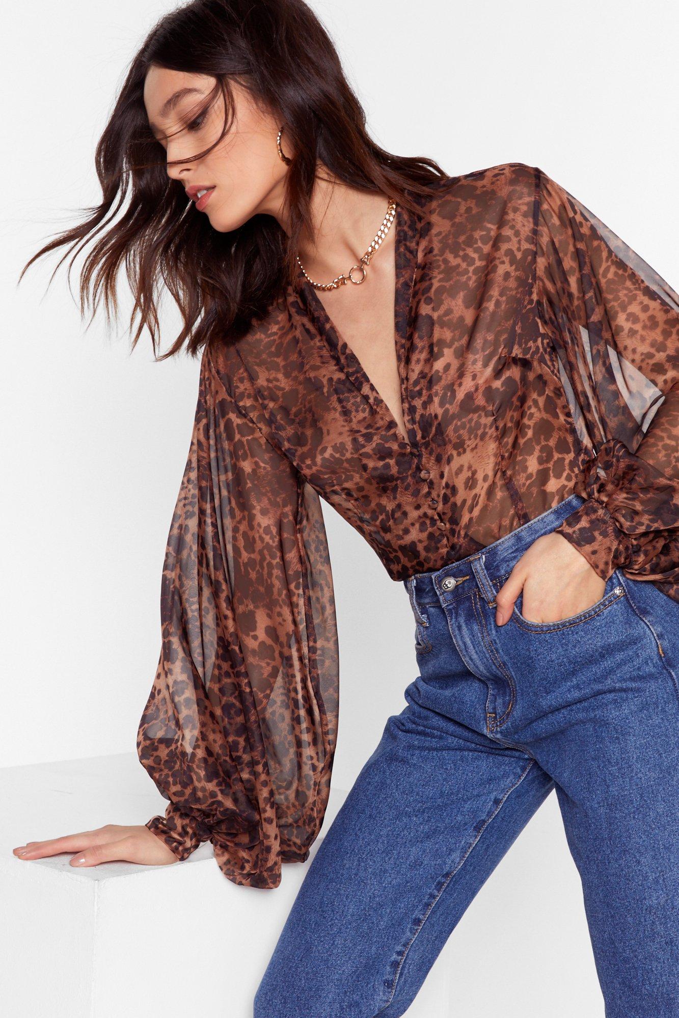 All I'm Sheer-ing Leopard Balloon Sleeve Blouse