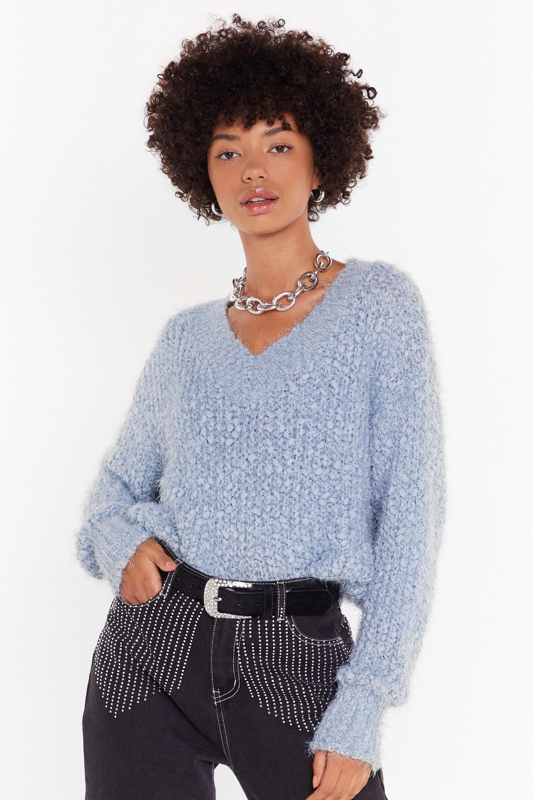 Blue Chunky Knit V Neck Sweater image number 1