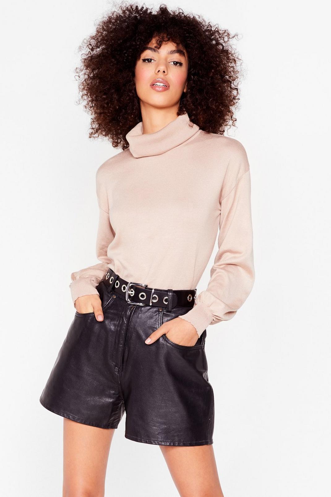 Beige Knitted Puff Sleeve Turtleneck Sweater image number 1
