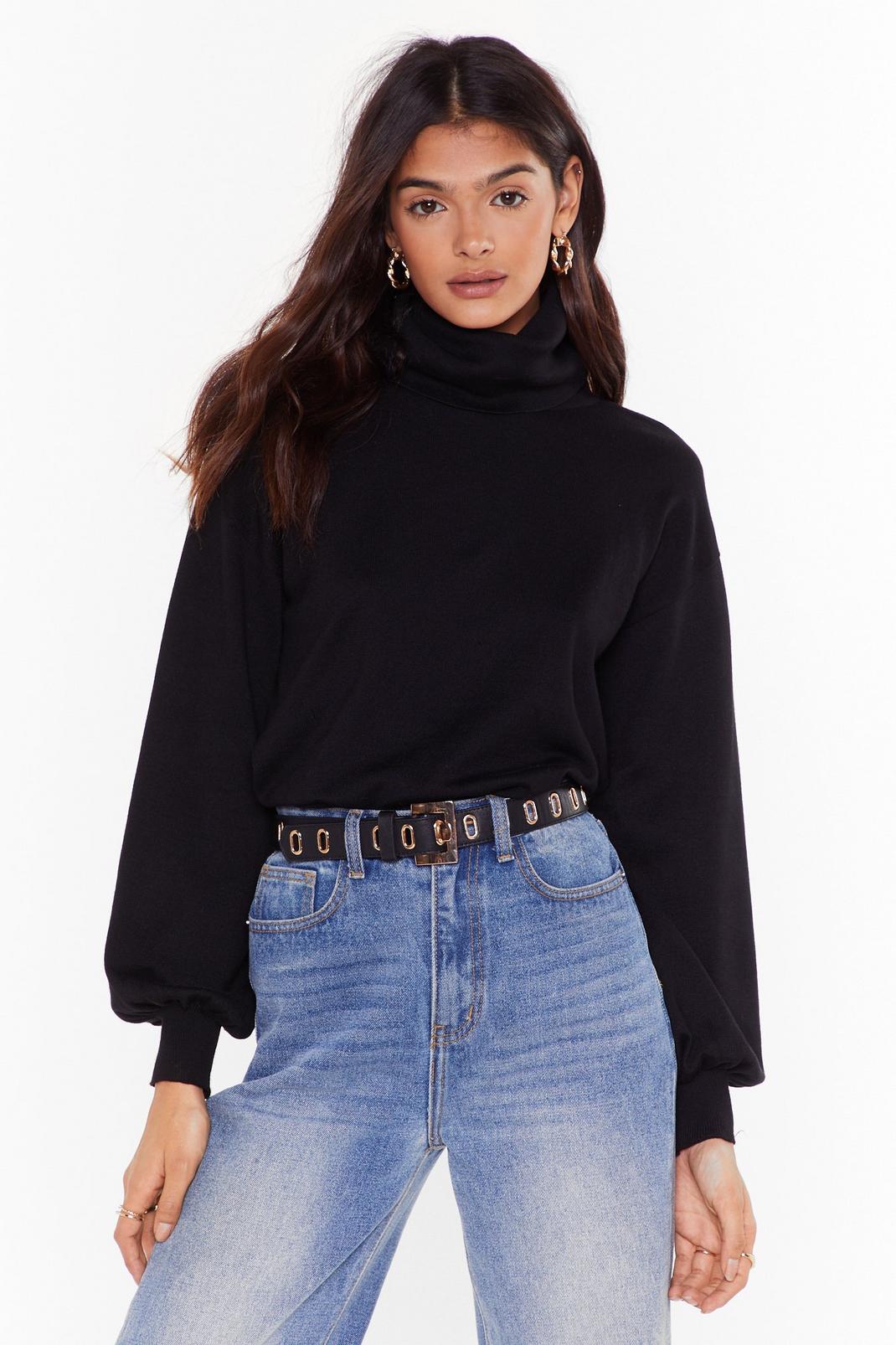 Black Knitted Puff Sleeve Turtleneck Sweater image number 1