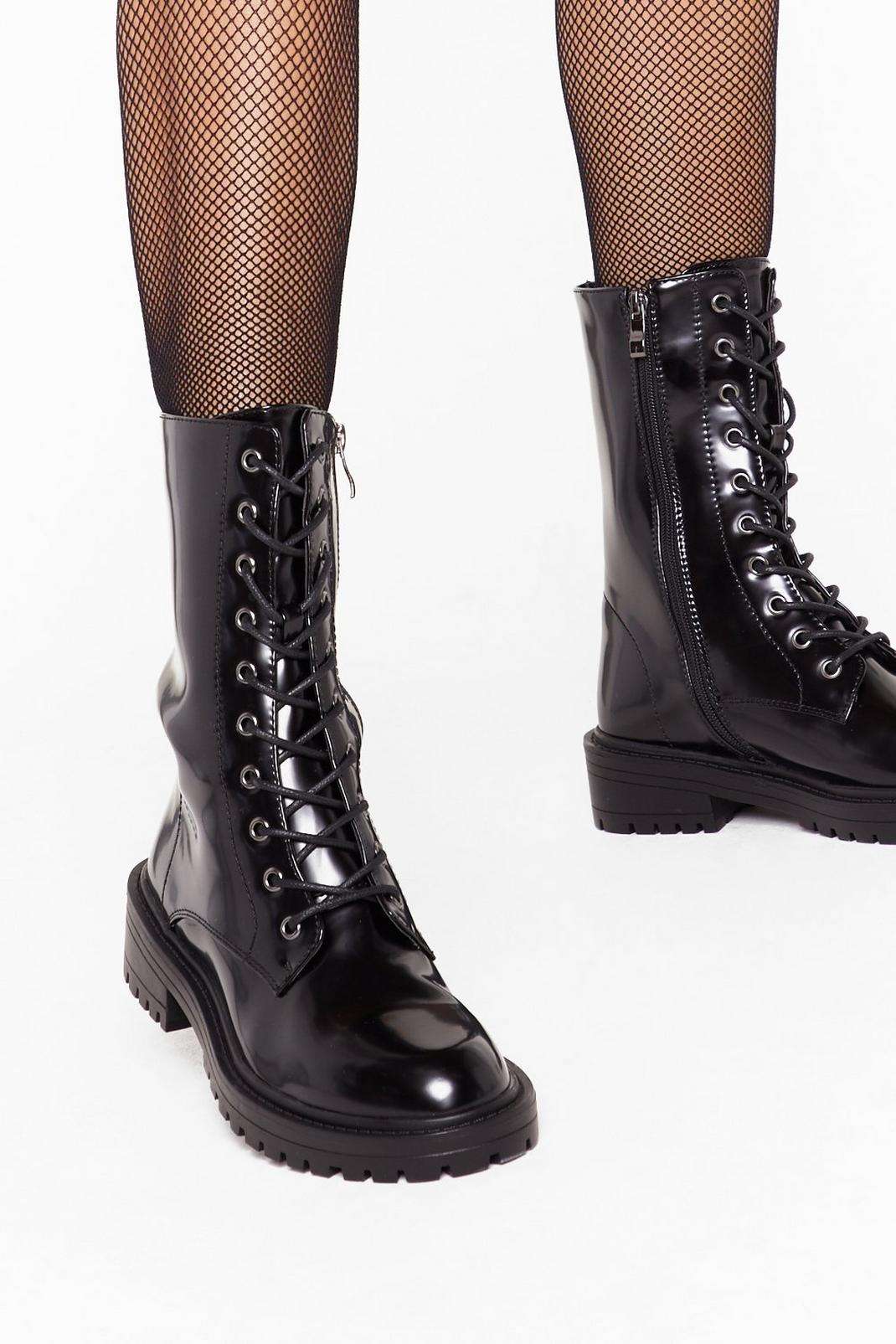 Calf-High Faux Leather Lace-Up Boots image number 1