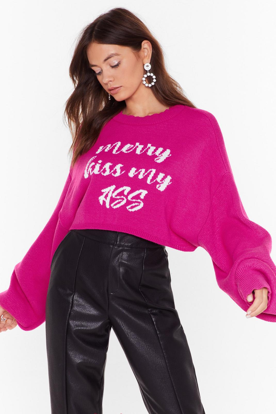 Merry Kiss My Ass Cropped Christmas Jumper image number 1