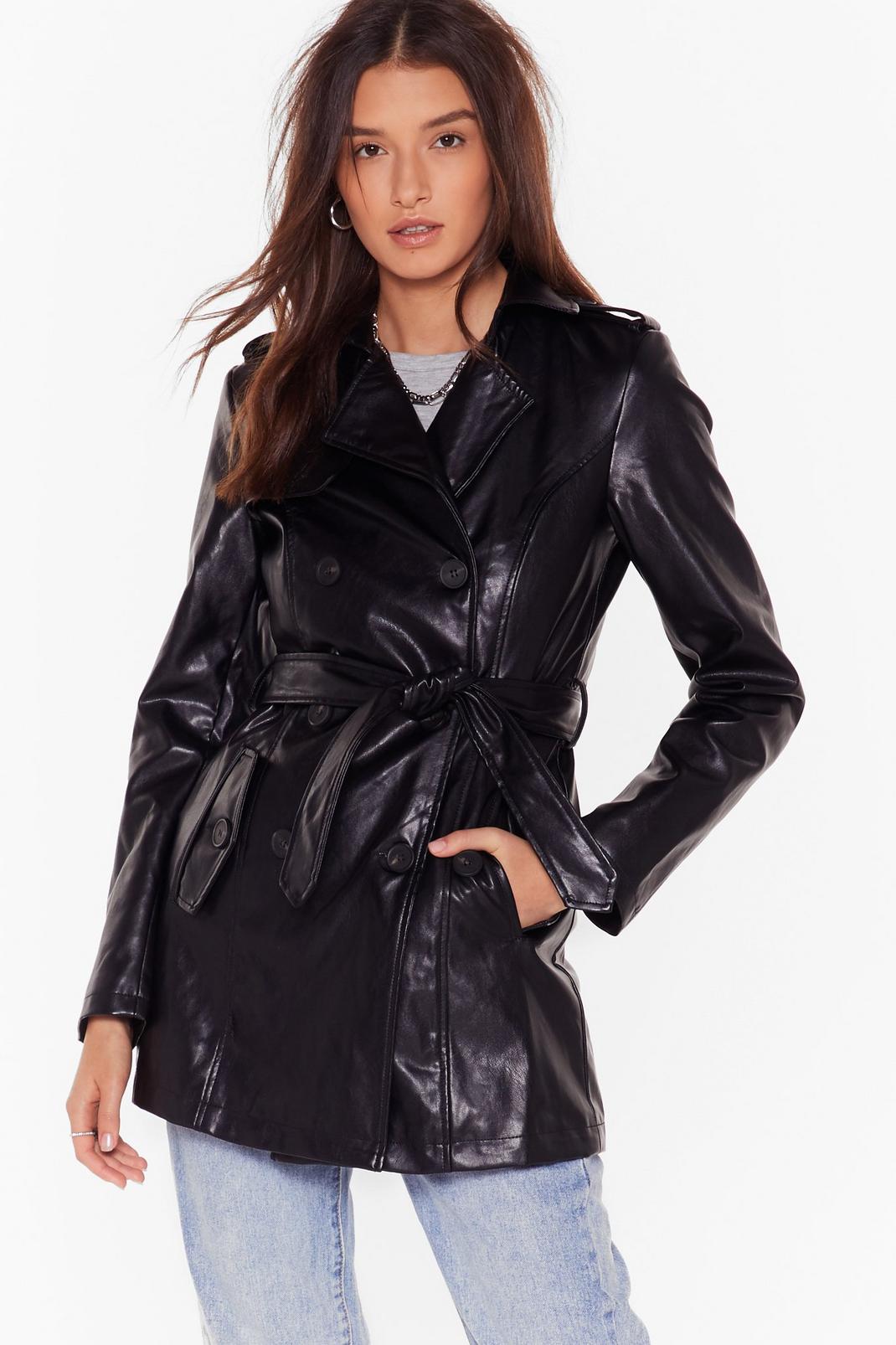 Black Heart Trenching Faux Leather Belted Coat image number 1