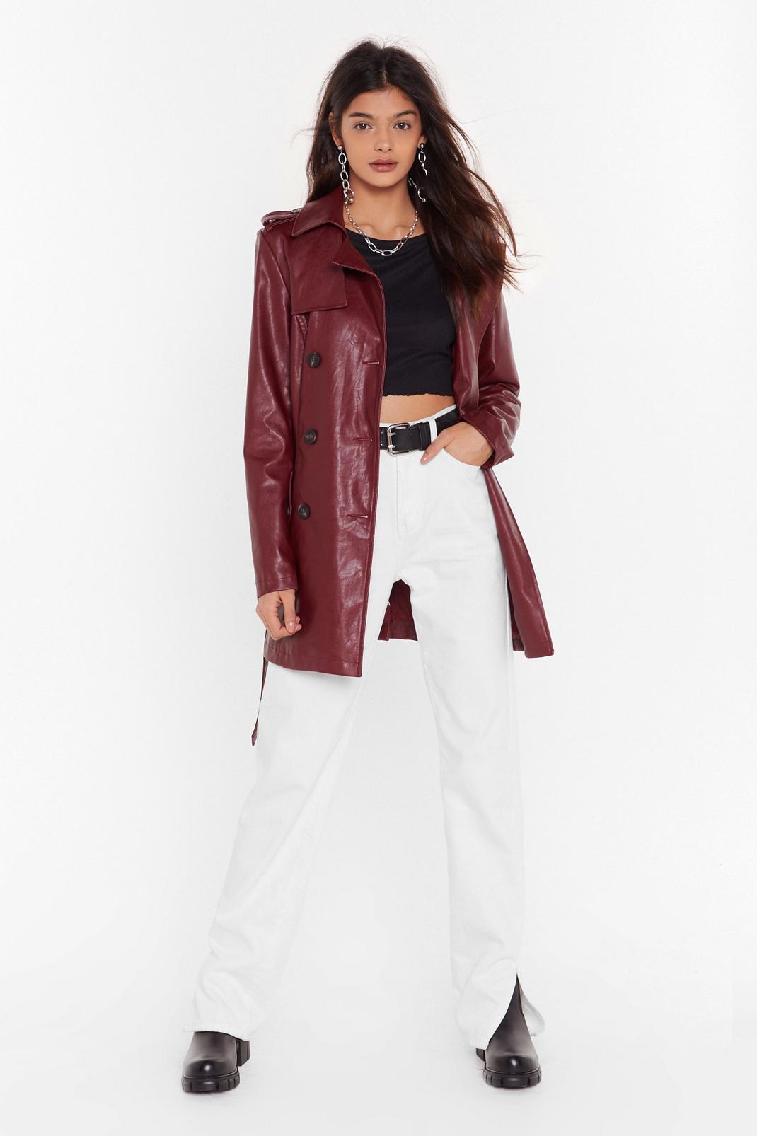 Maroon Heart Trenching Faux Leather Belted Coat image number 1