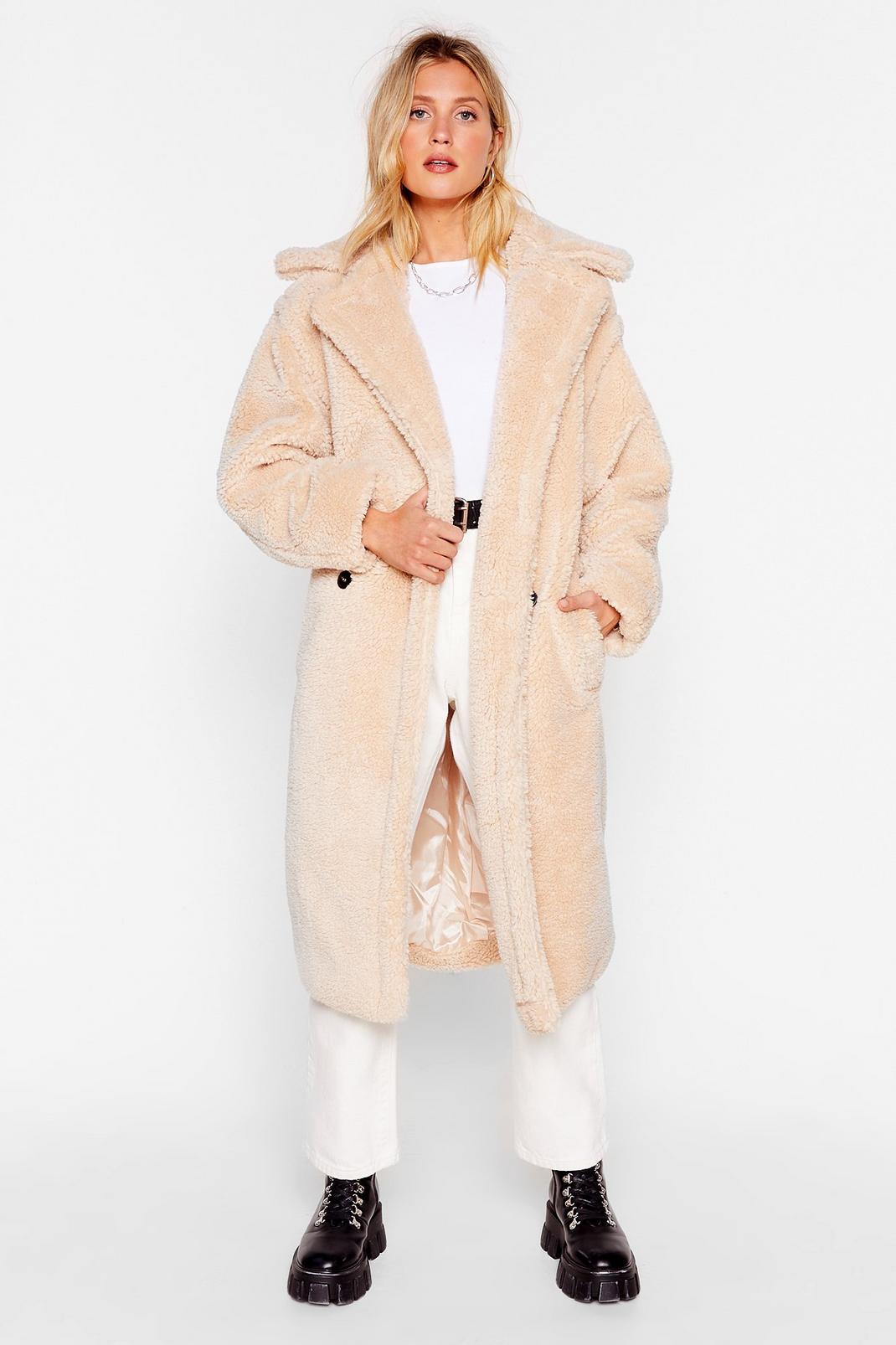 Beige Teddy or Not Faux Shearling Longline Coat image number 1