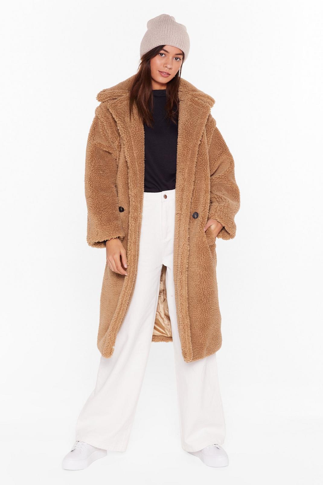 Camel Teddy or Not Faux Shearling Longline Coat image number 1