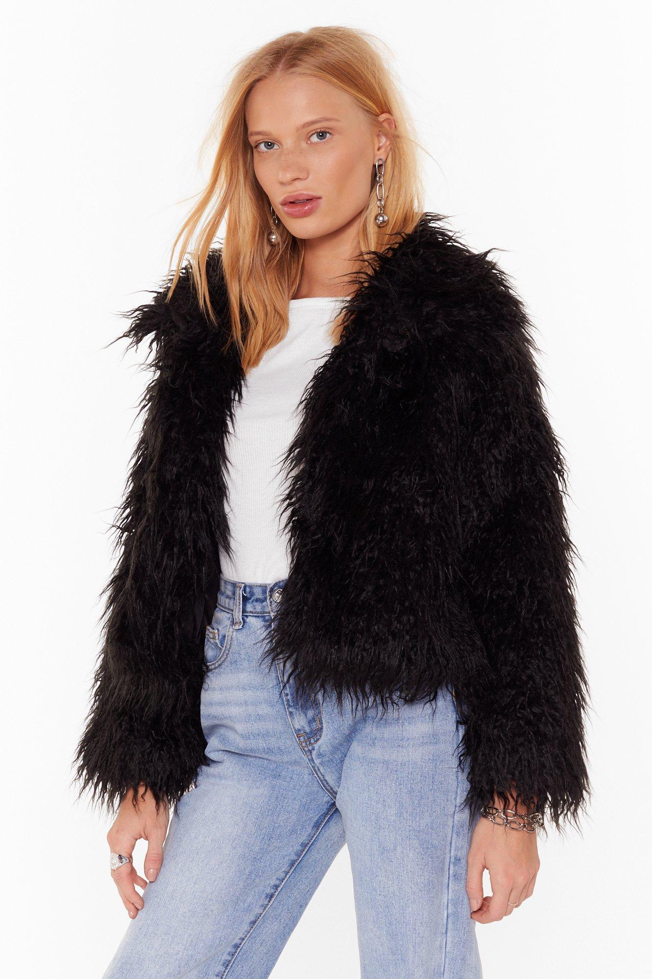 Black shaggy faux fur jacket best sale