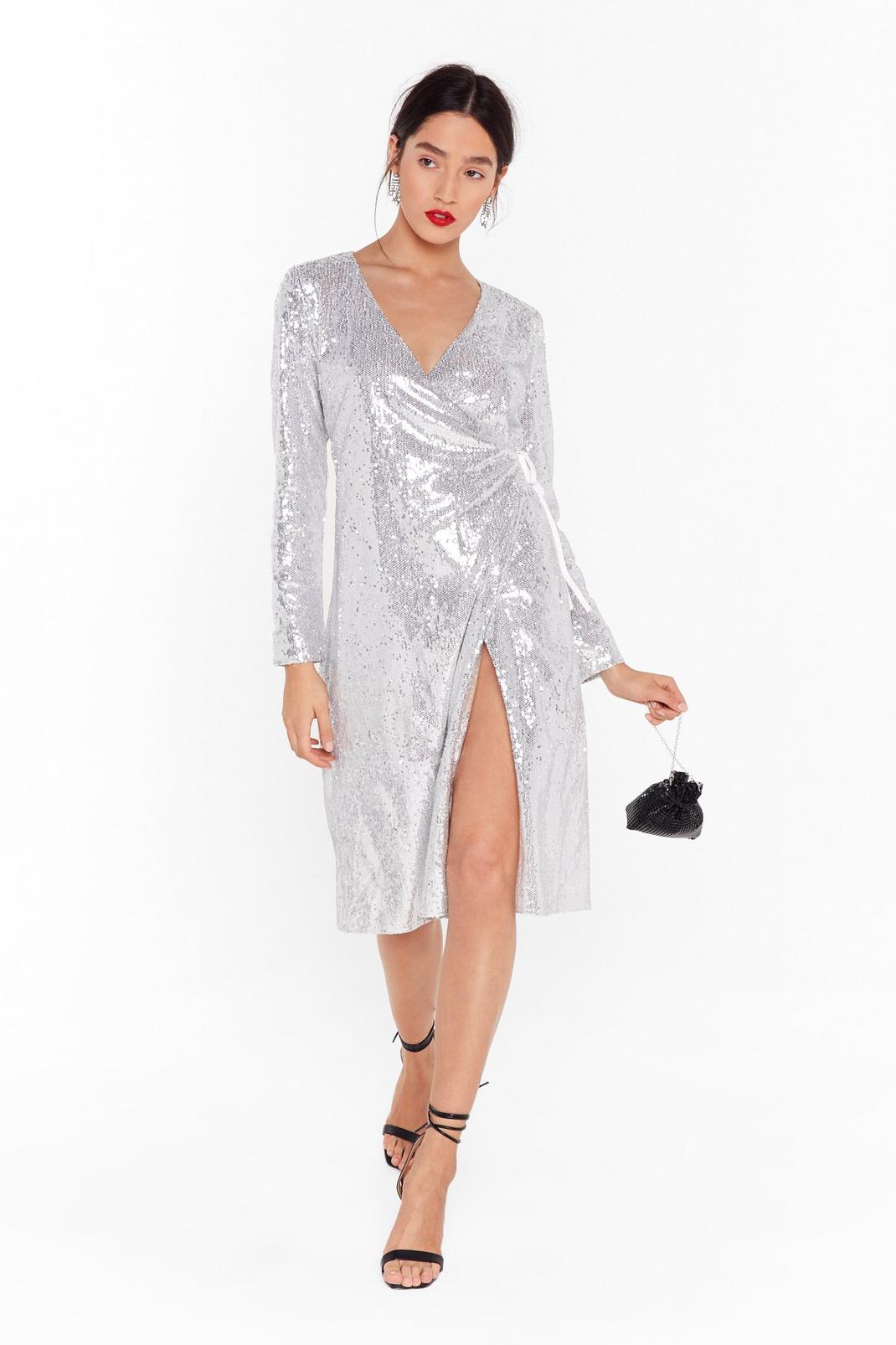 Silver Sequin Plunge Wrap Midi Dress image number 1