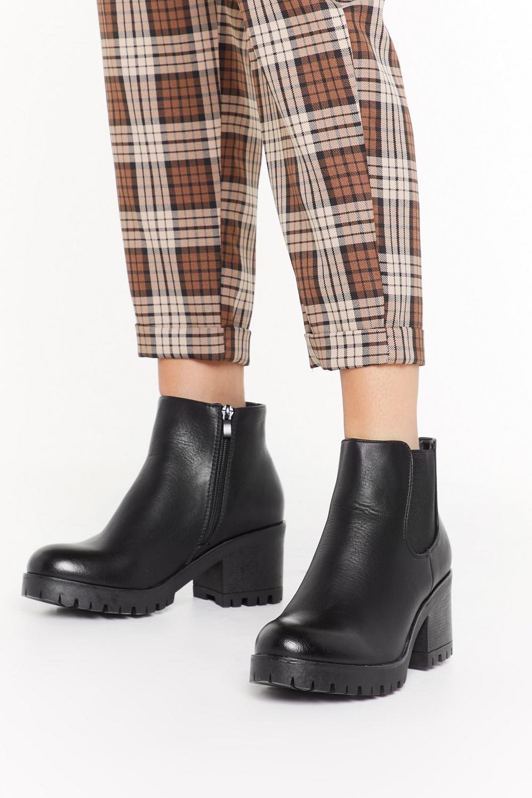 Faux leather mid heeled cleated biker boots image number 1