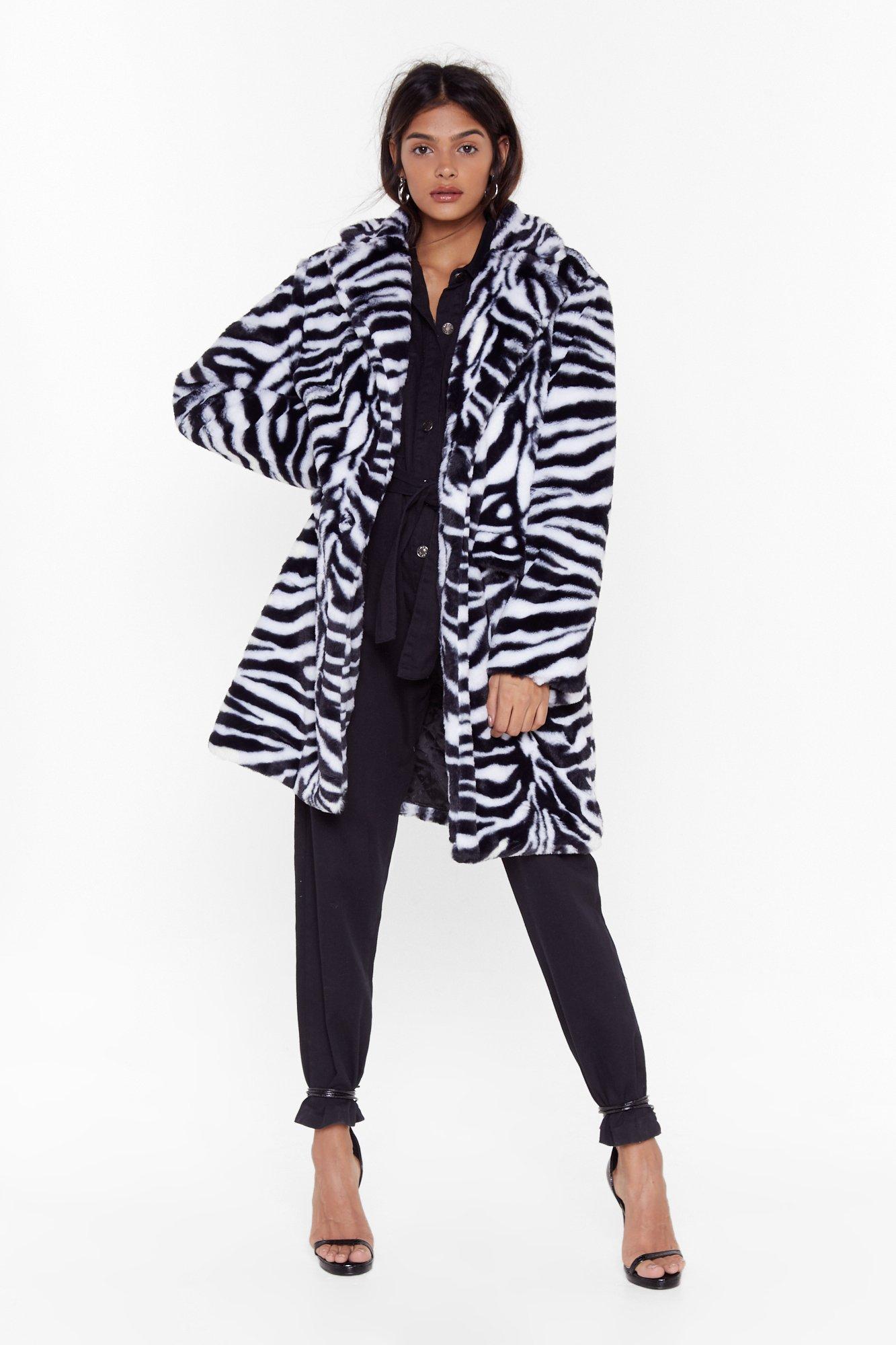 zebra faux fur coat