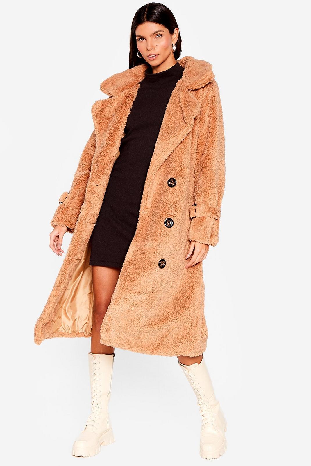 Camel Faux Shearling Longline Teddy Coat image number 1