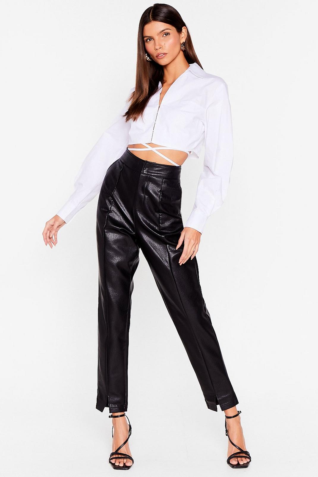 Black High Waisted Faux Leather Straight Leg Trousers image number 1