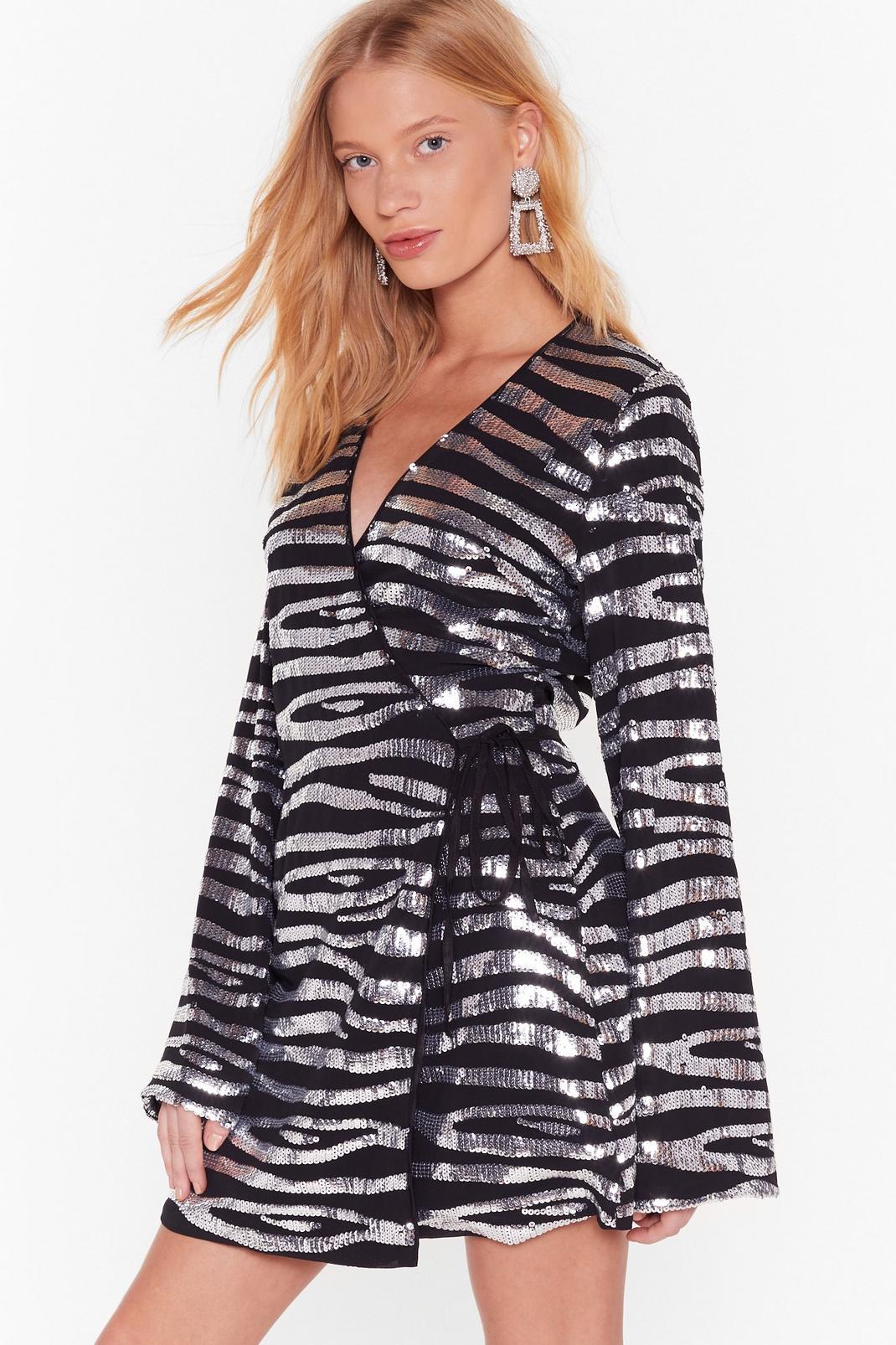 Black If Zebra You're in Doubt Sequin Wrap Dress image number 1