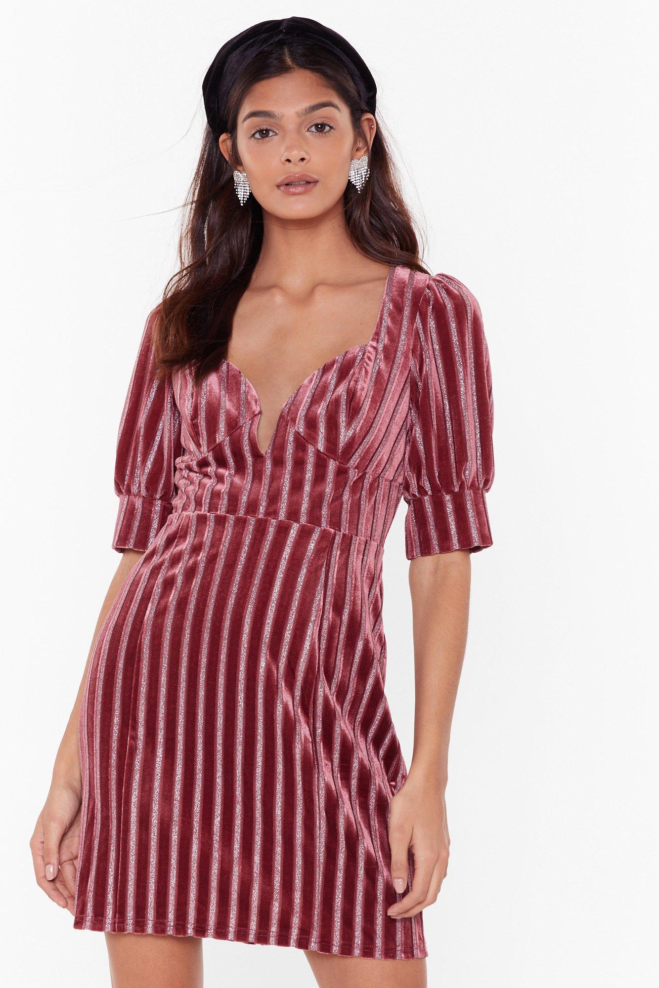 Puff Sleeves Glitter Red Velvet Mini Dress