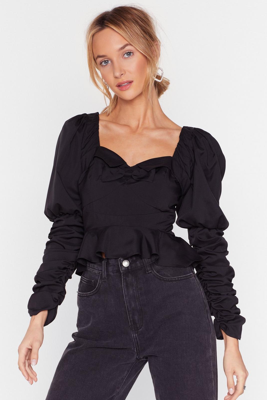 Black Puff Shoulder Bow Blouse with Sweetheart Neckline image number 1