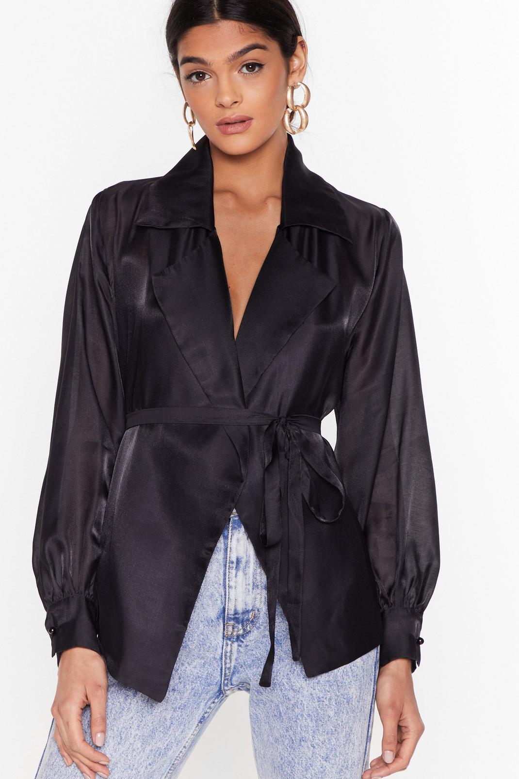 Sheer Belted Wrap Blouse with Puff Sleeves image number 1