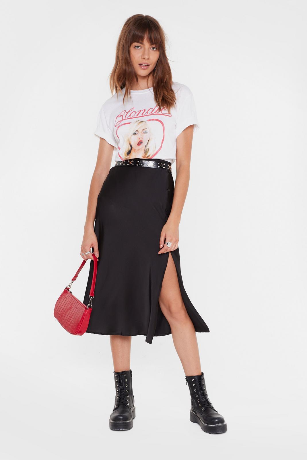 Black Button Down Satin Midi Skirt image number 1