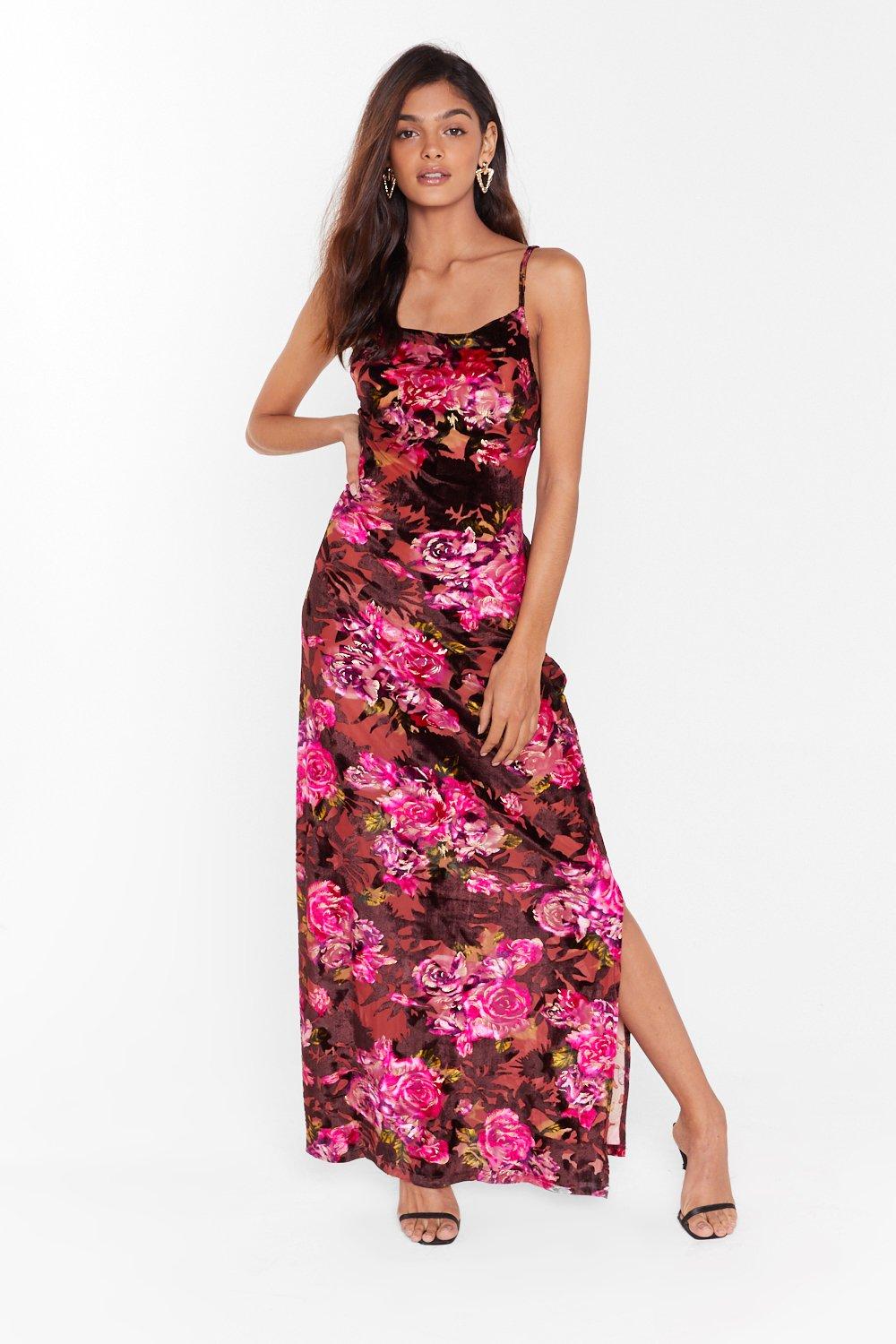 pink velvet maxi dress