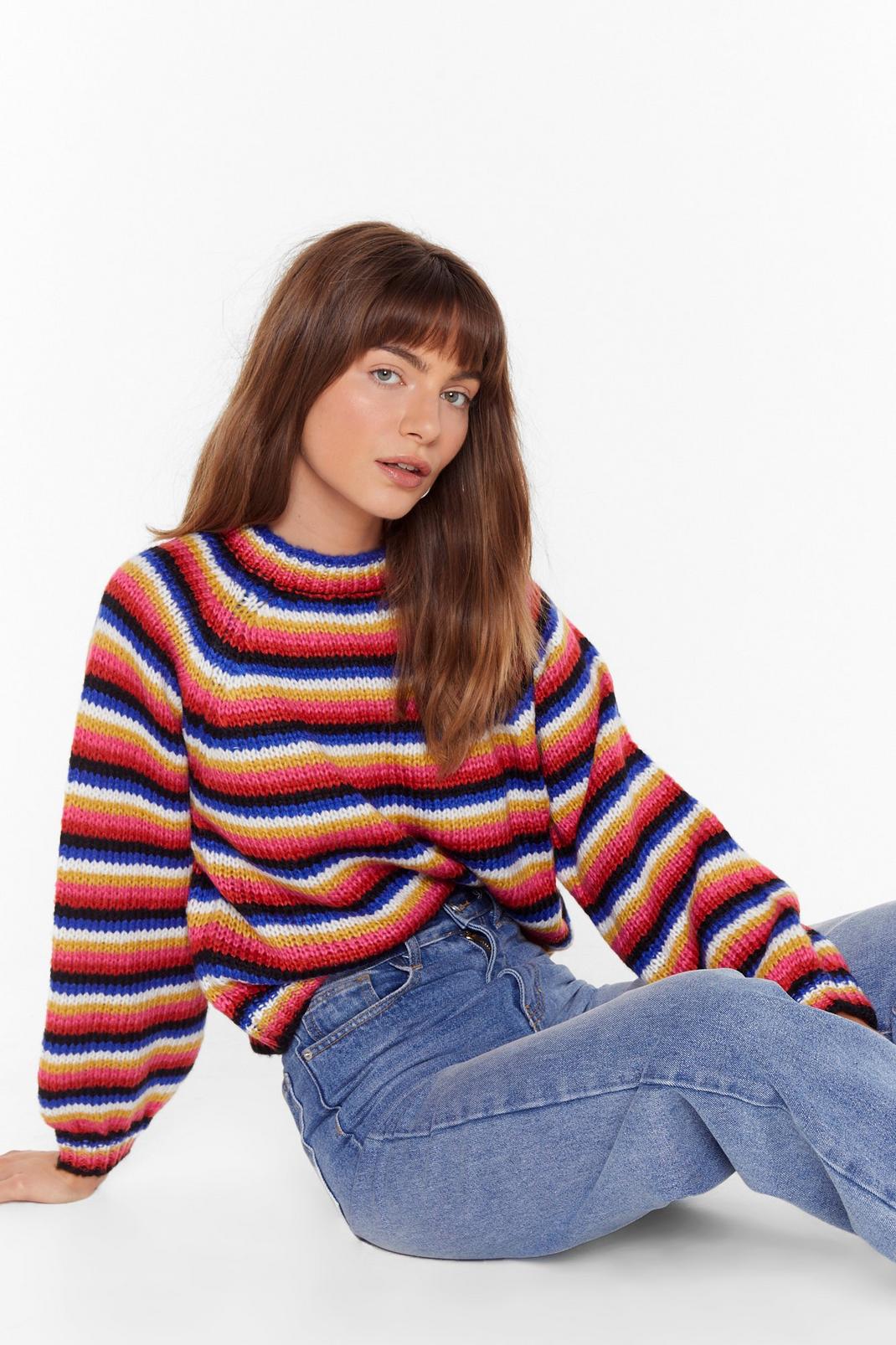 Get Knit Stripe Balloon Sleeve Cropped Jumper image number 1