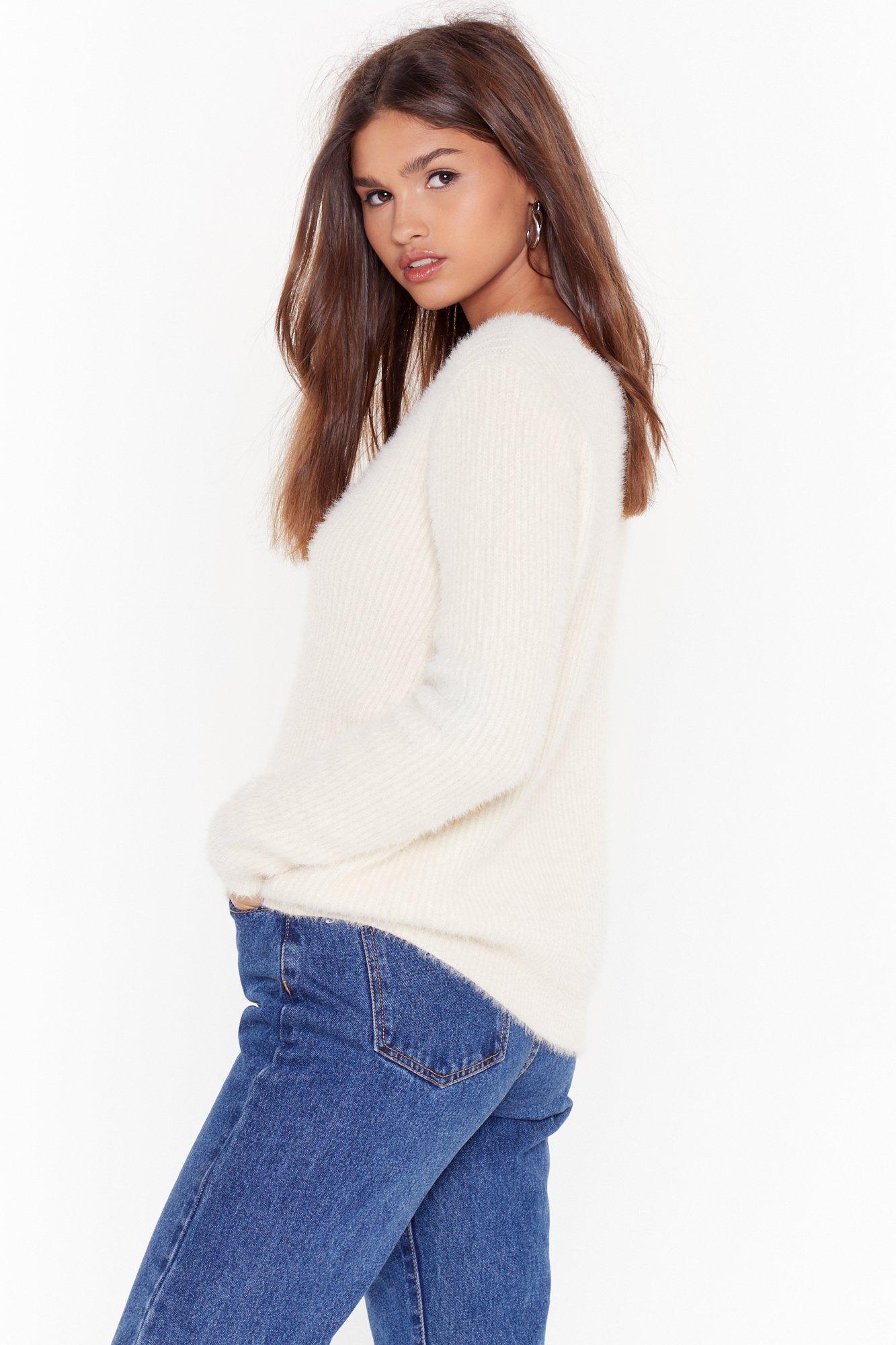 Fluffy v hot sale neck jumper