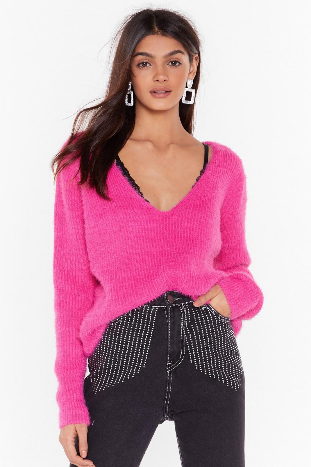 Hot pink Fluffy Knit V Neck Jumper image number 1