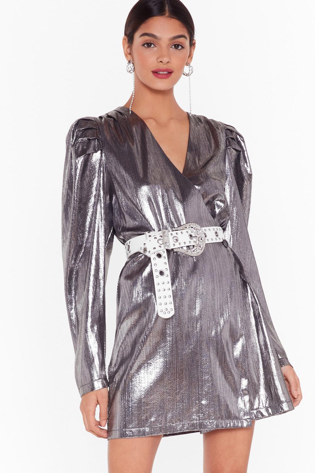 Silver Metallic V Neck Mini Wrap Dress image number 1