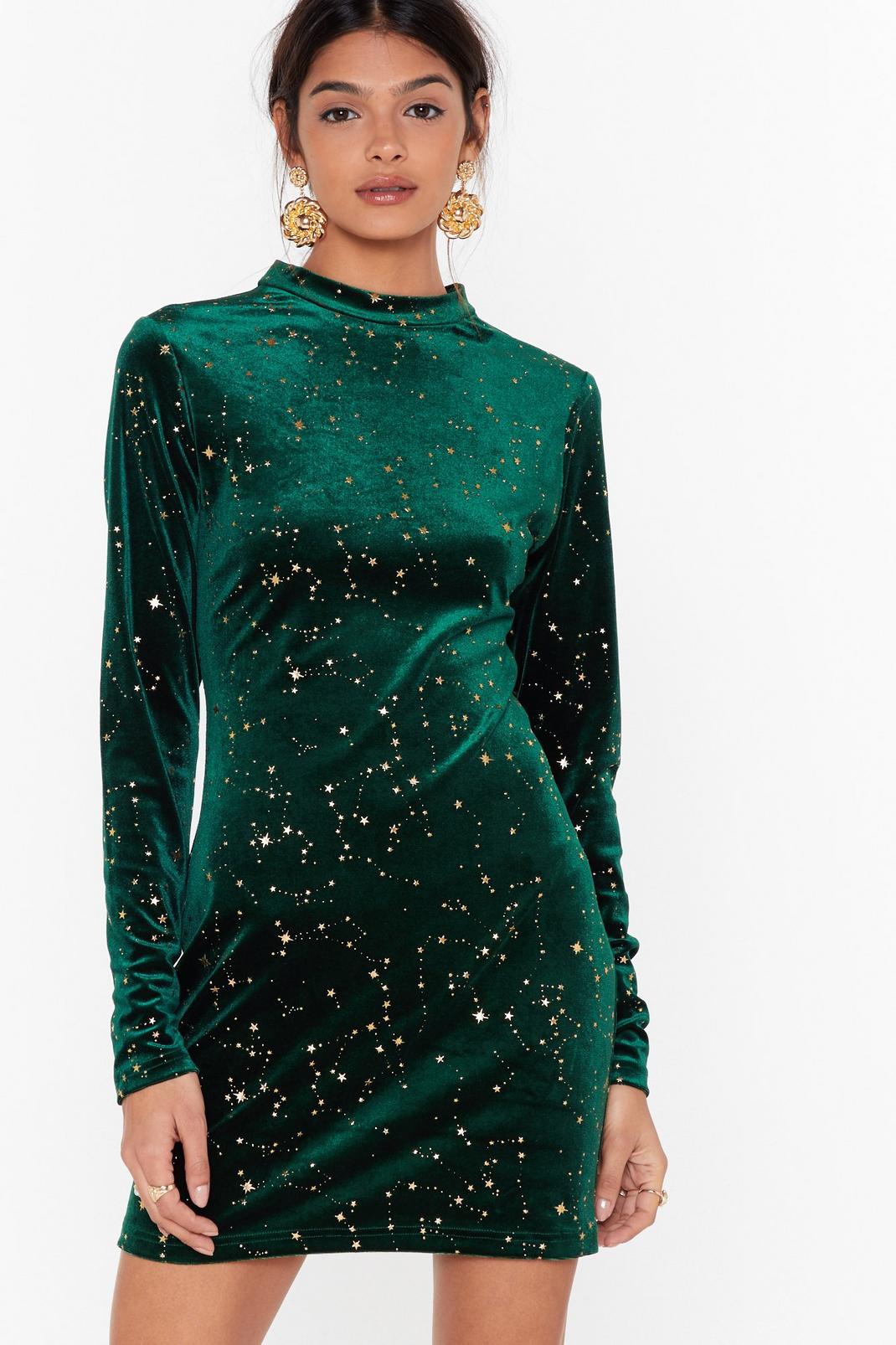 Green Make a Wish Velvet Star Mini Dress image number 1