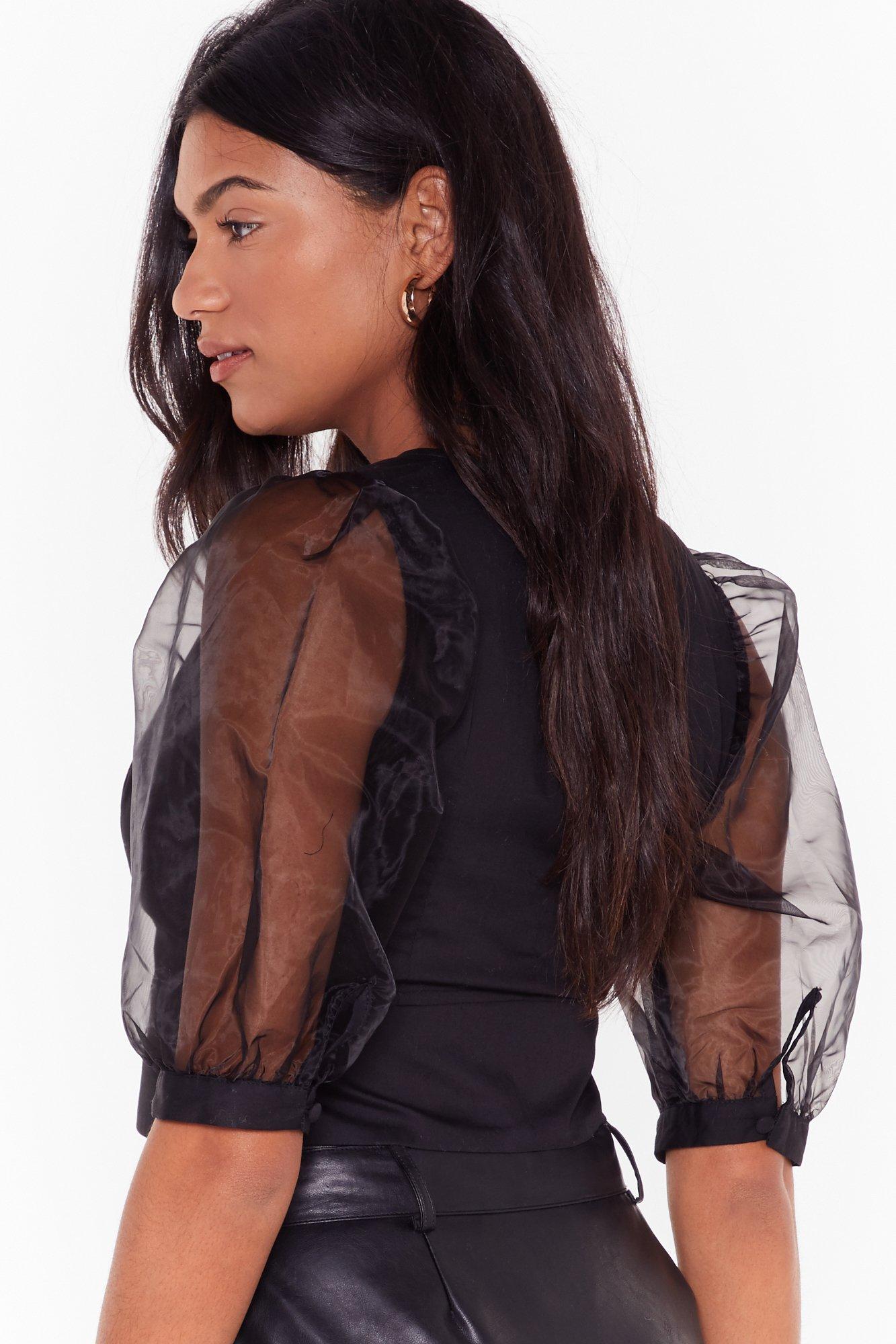 V-Neck Top with Sheer Puffy Sleeves