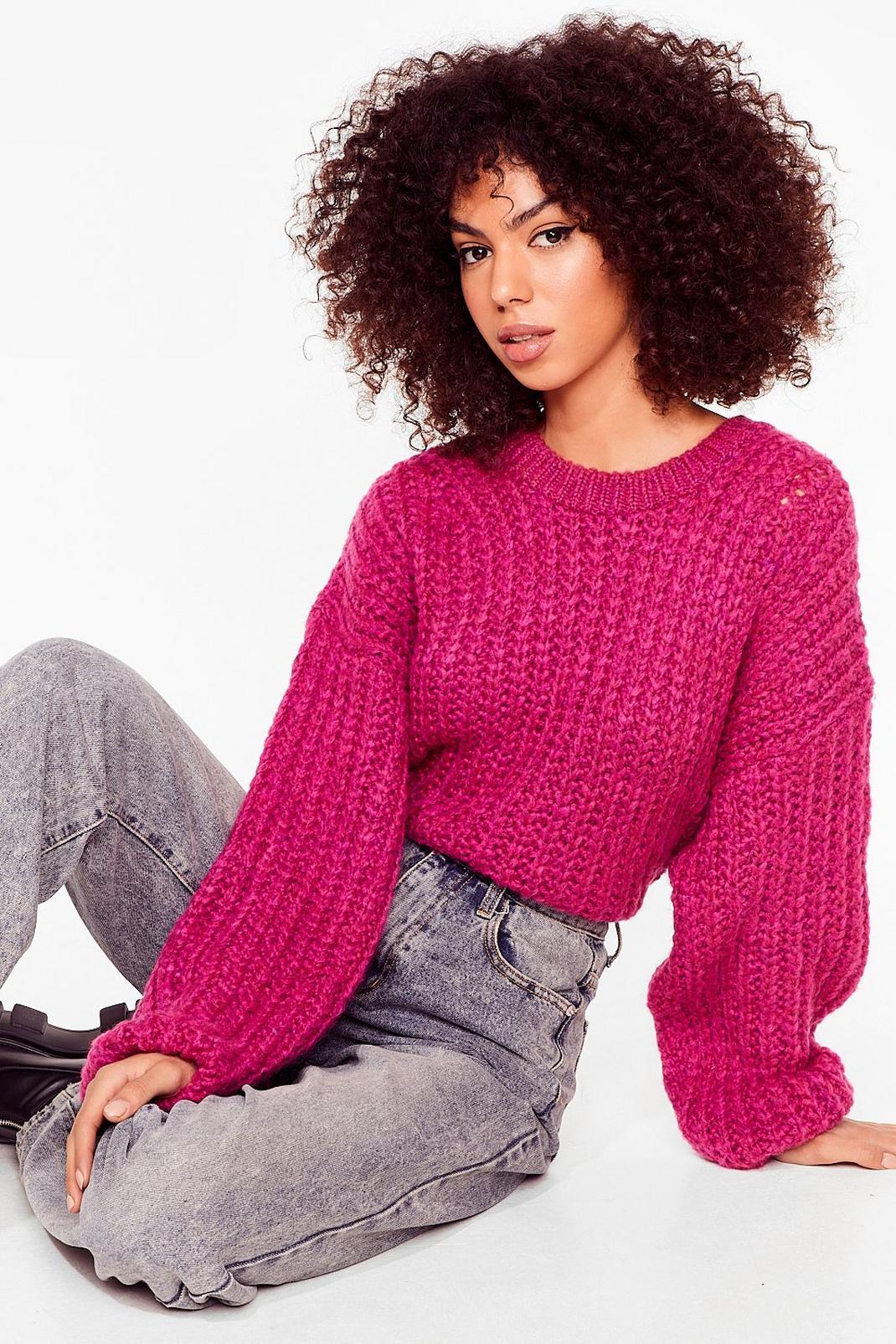Magenta Knit Back and Wait Balloon Sleeve Jumper image number 1