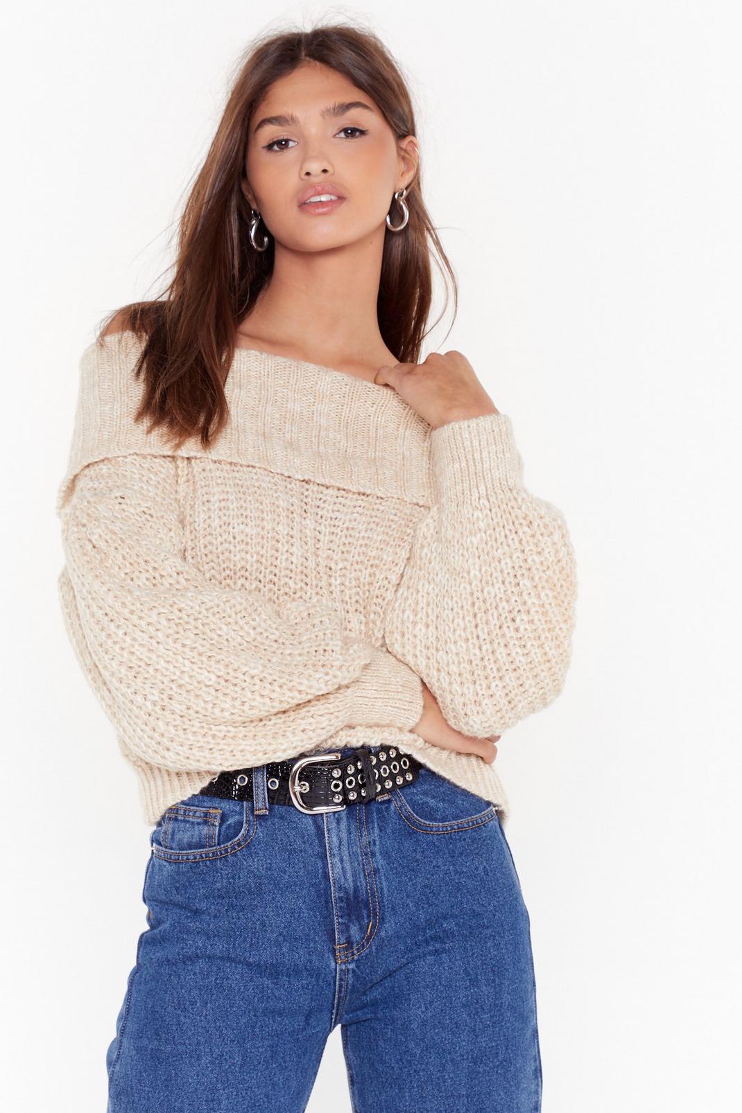 Oatmeal Knit's a Winner Off-the-Shoulder Sweater image number 1