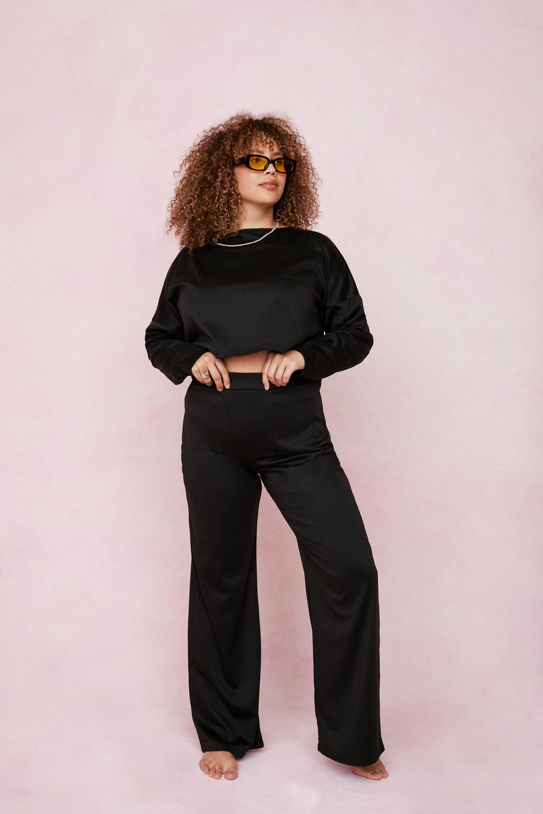 Black Plus Size Top and Wide Leg Trousers Lounge Set image number 1