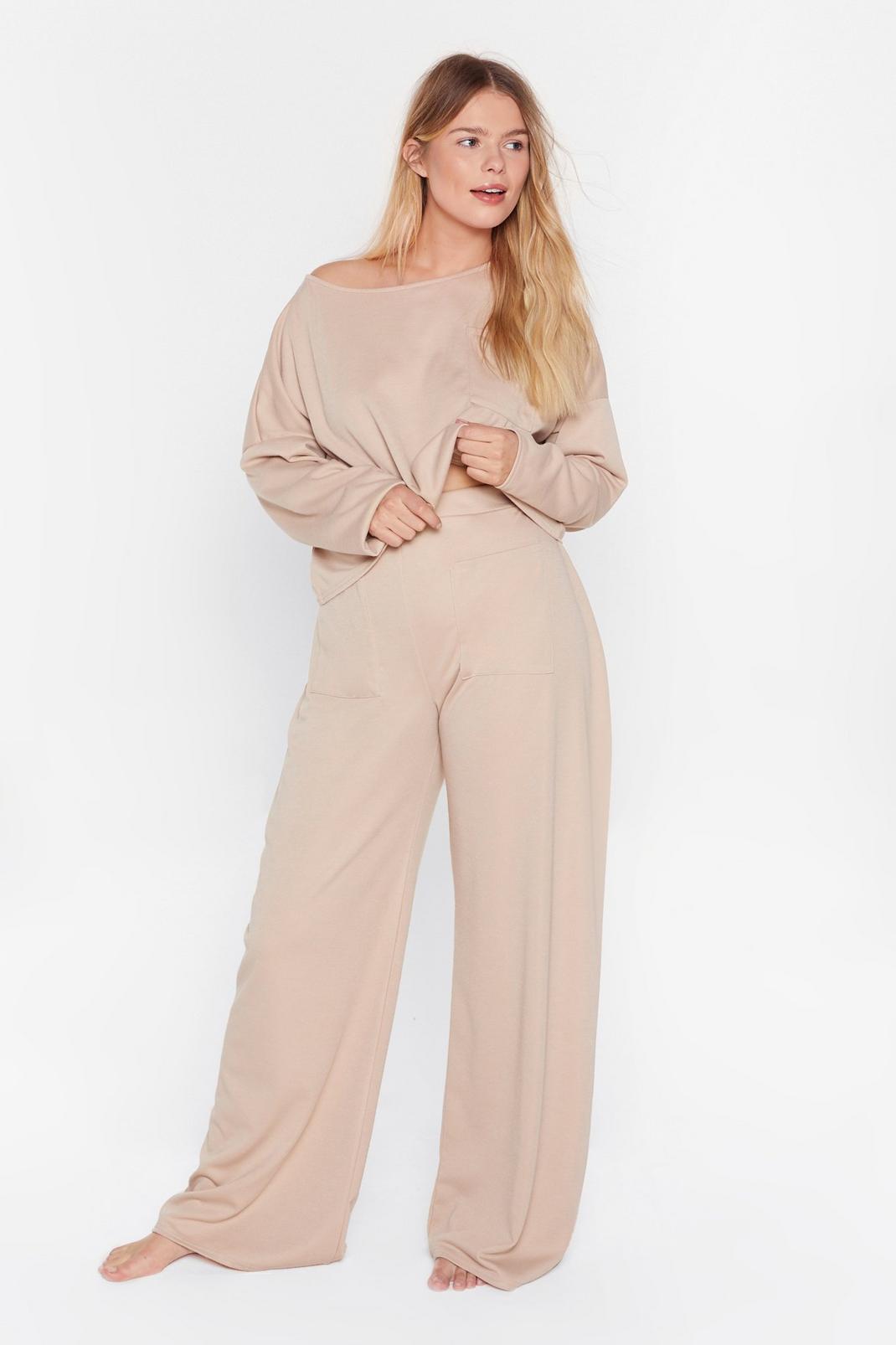 Oatmeal Plus Size Top and Wide Leg Trousers Lounge Set image number 1
