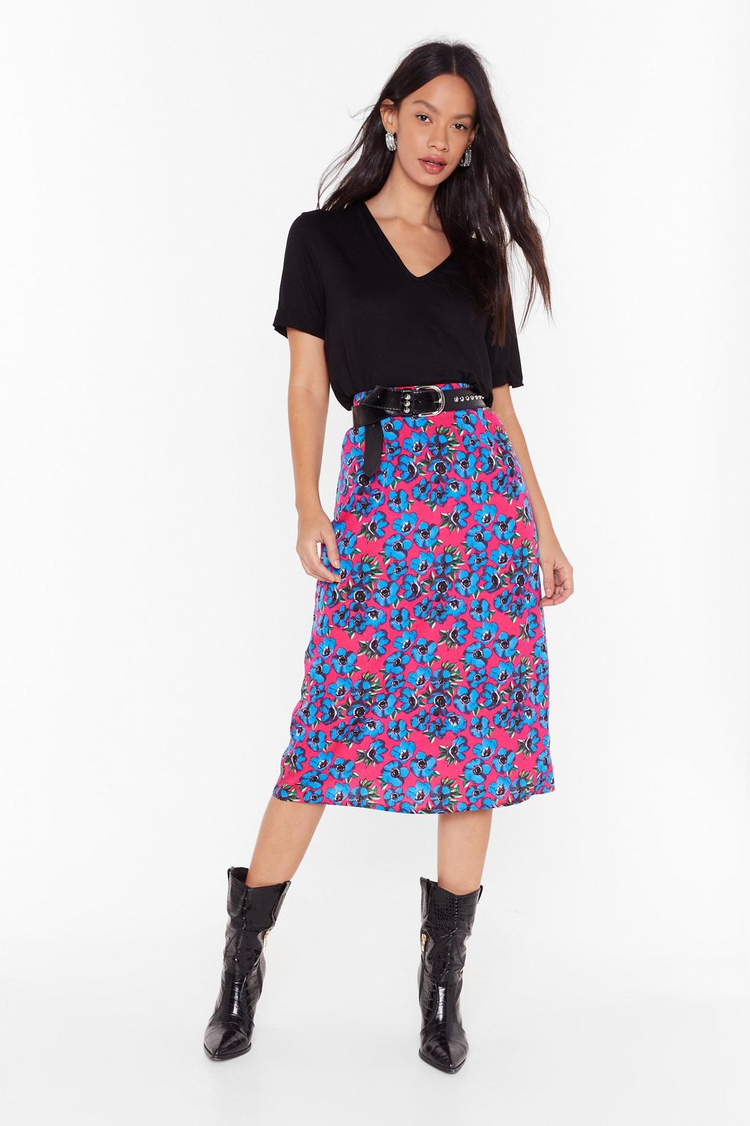 Pink Floral High Waisted Midi Skirt image number 1