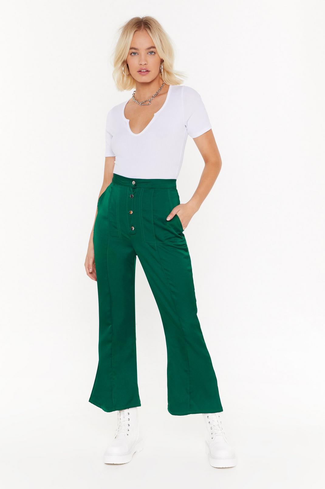 Green Satin Tailored Cropped Flares image number 1