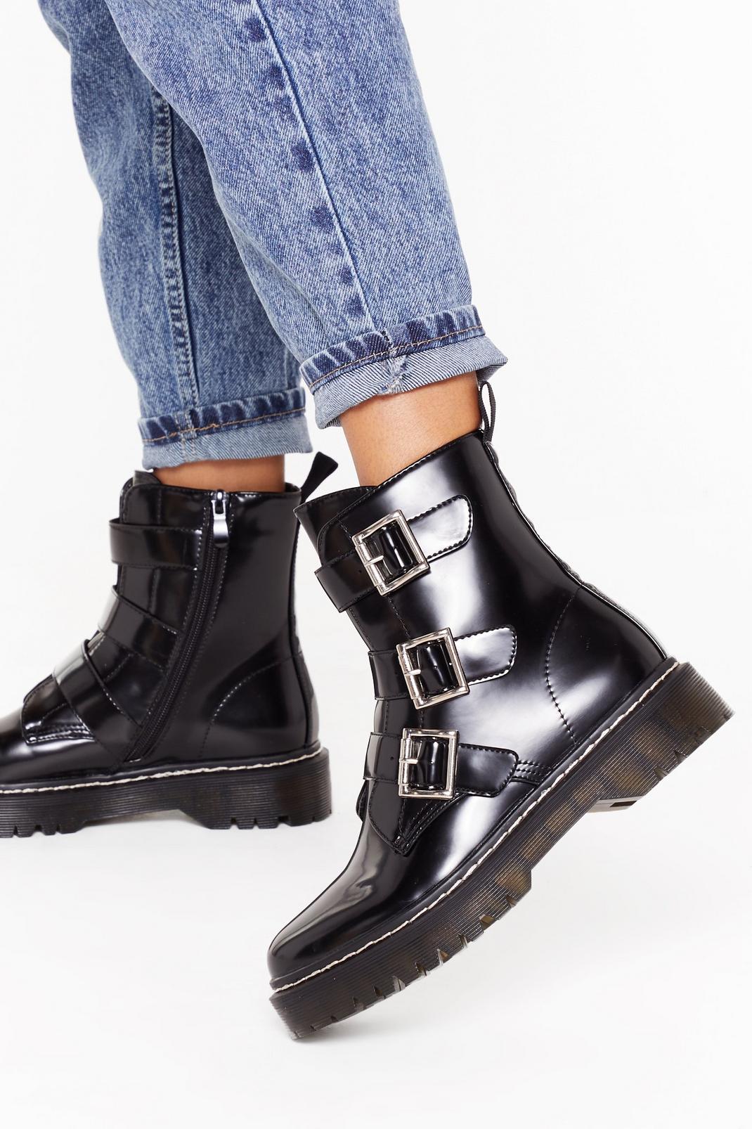 Triple buckle cleated contrast stitch biker boot image number 1