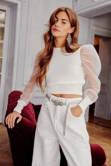 White Sheer Organza Puff Sleeve Cropped Sweater