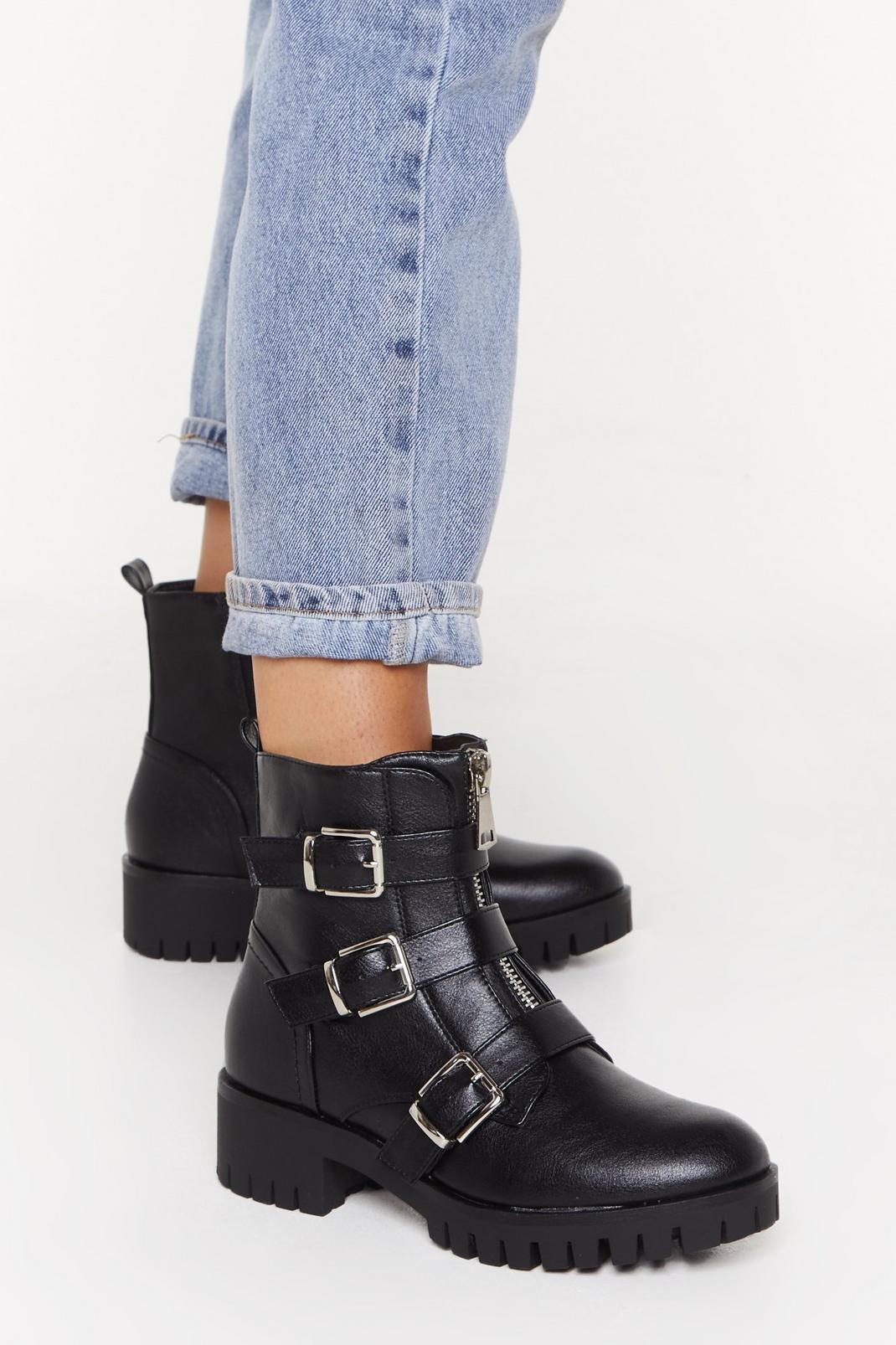 Just Don't Give a Buck-le Faux Leather Biker Boots image number 1