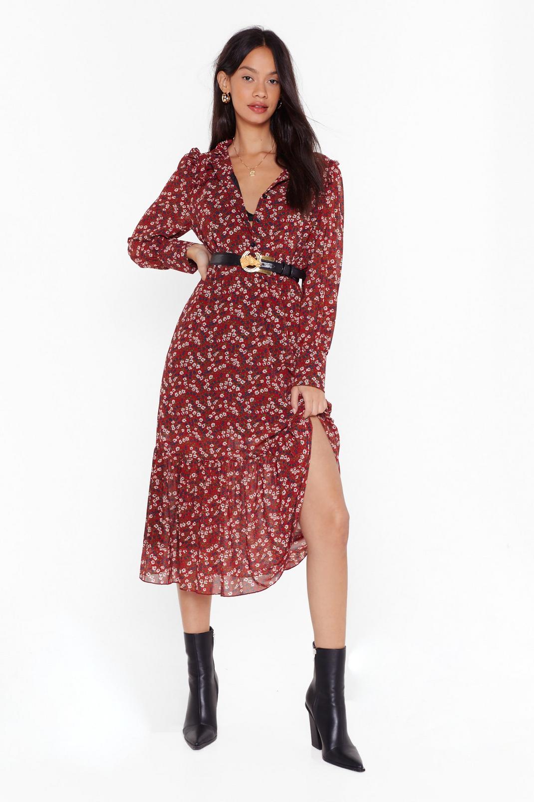 Red Floral Midi Dress with Ruffle Detailing image number 1