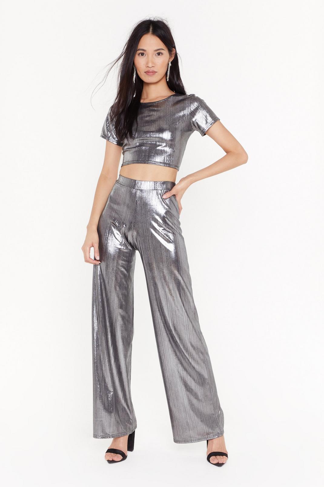 Remember the Shine Metallic Crop Top and Wide-Leg Pant Set image number 1